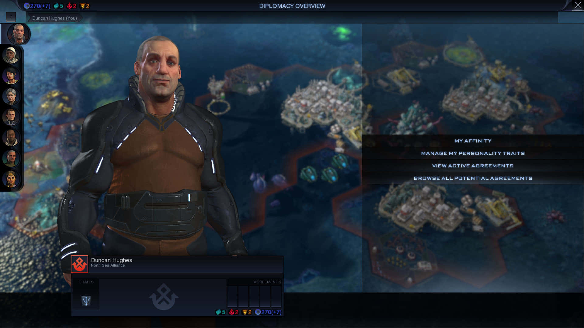 Civilization Beyond Earth 桌布 壁紙 — 一個光頭男性角色穿著未來裝甲，站在科幻策略遊戲的星圖介面前。