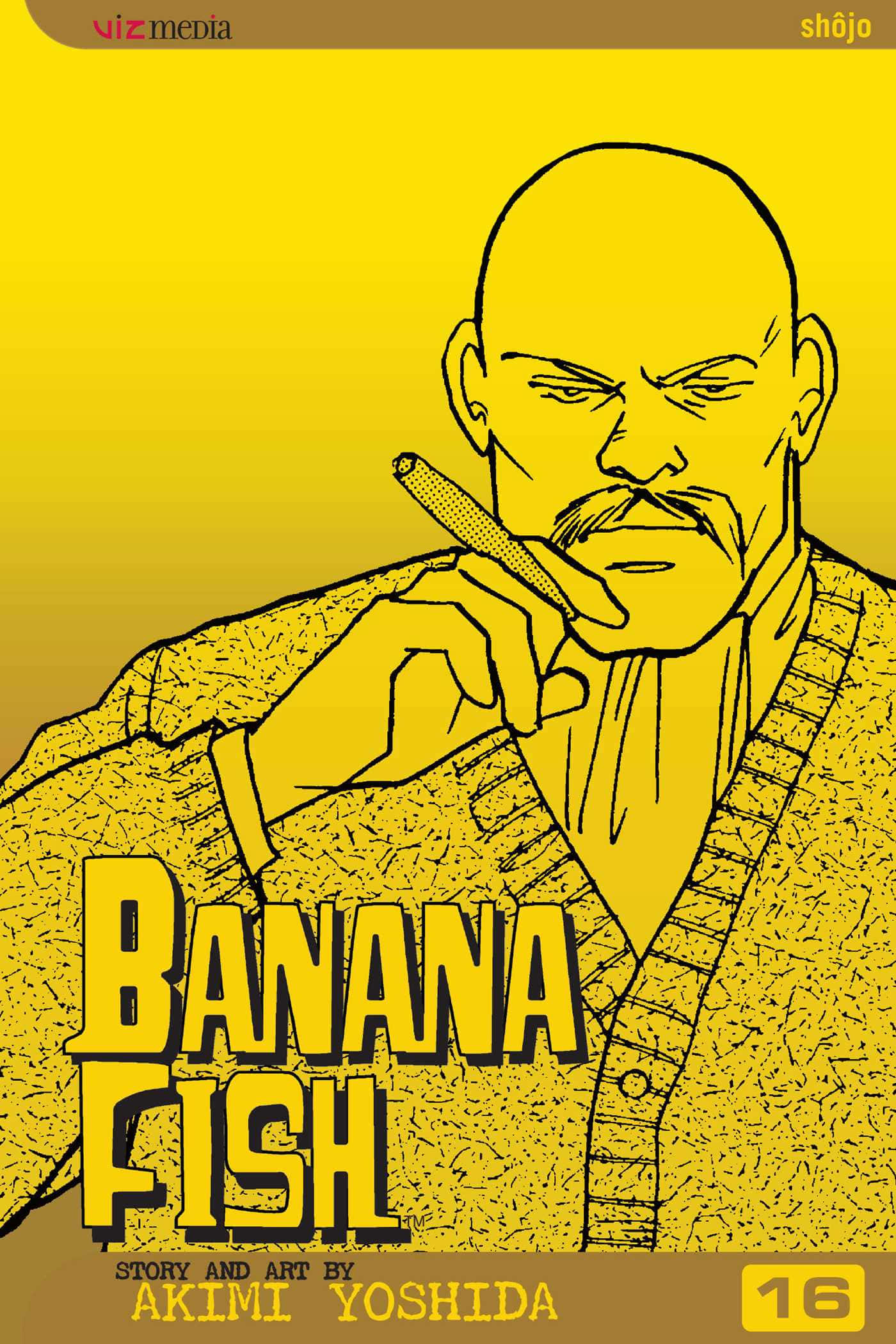 Banana Fish 桌布 壁紙 — 一個光頭留鬍鬚的男人在鮮黃色漸變背景上抽雪茄，帶有「Banana Fish」標題。