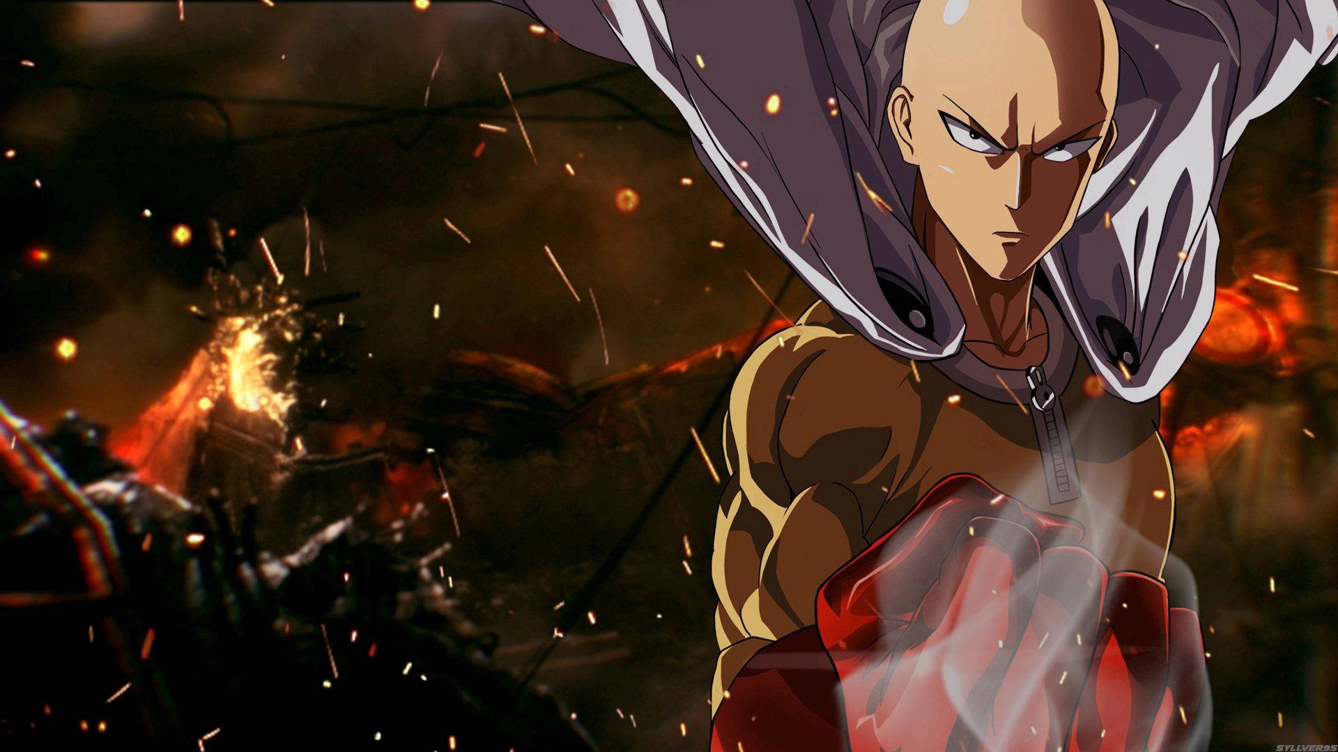 Saitama 桌布 壁紙 — 一個光頭的動漫戰士，身穿紅棕色服裝，在飛濺的火花和熾熱的碎片中緊握拳頭。