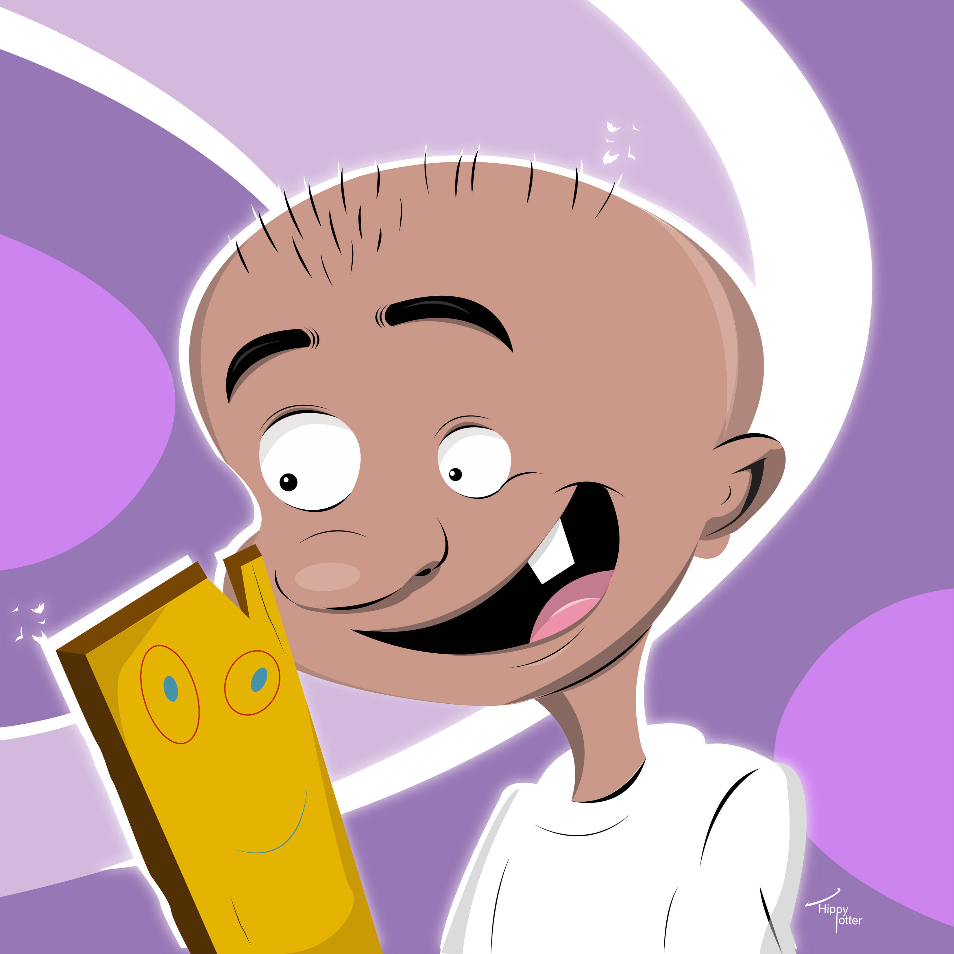 eddy 桌布 壁紙 — 一個光頭的卡通男孩微笑著，在紫色抽象背景前抱著一個微笑的黃色盒子。