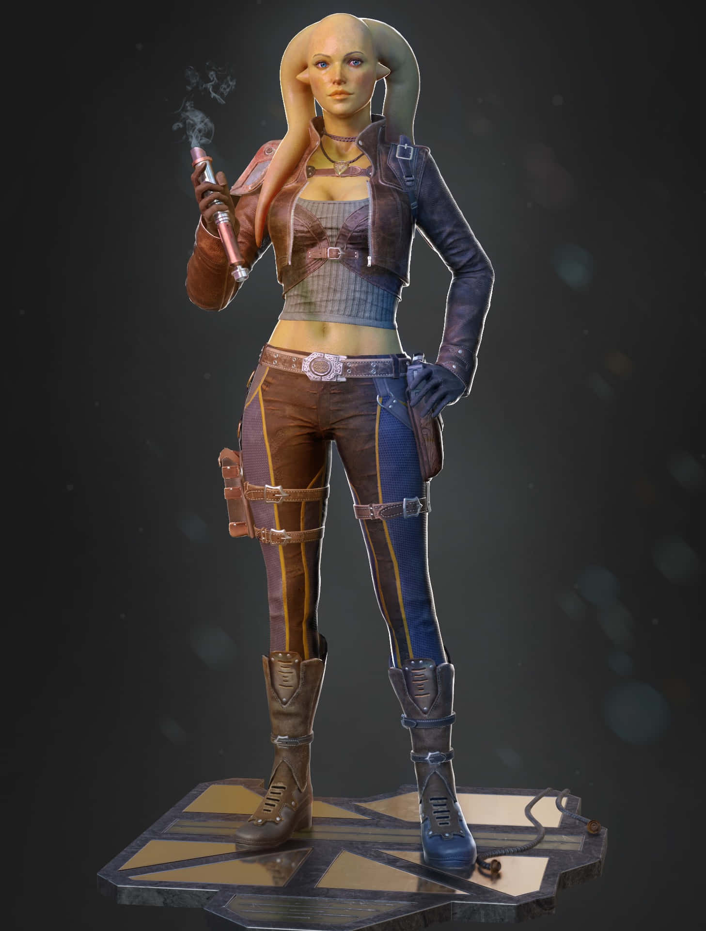Twi'lek 桌布 壁紙 — 一個光頭的女性外星人，長著長耳朵，穿著皮衣自信地站著，在黑暗背景中拿著冒煙的煙斗。