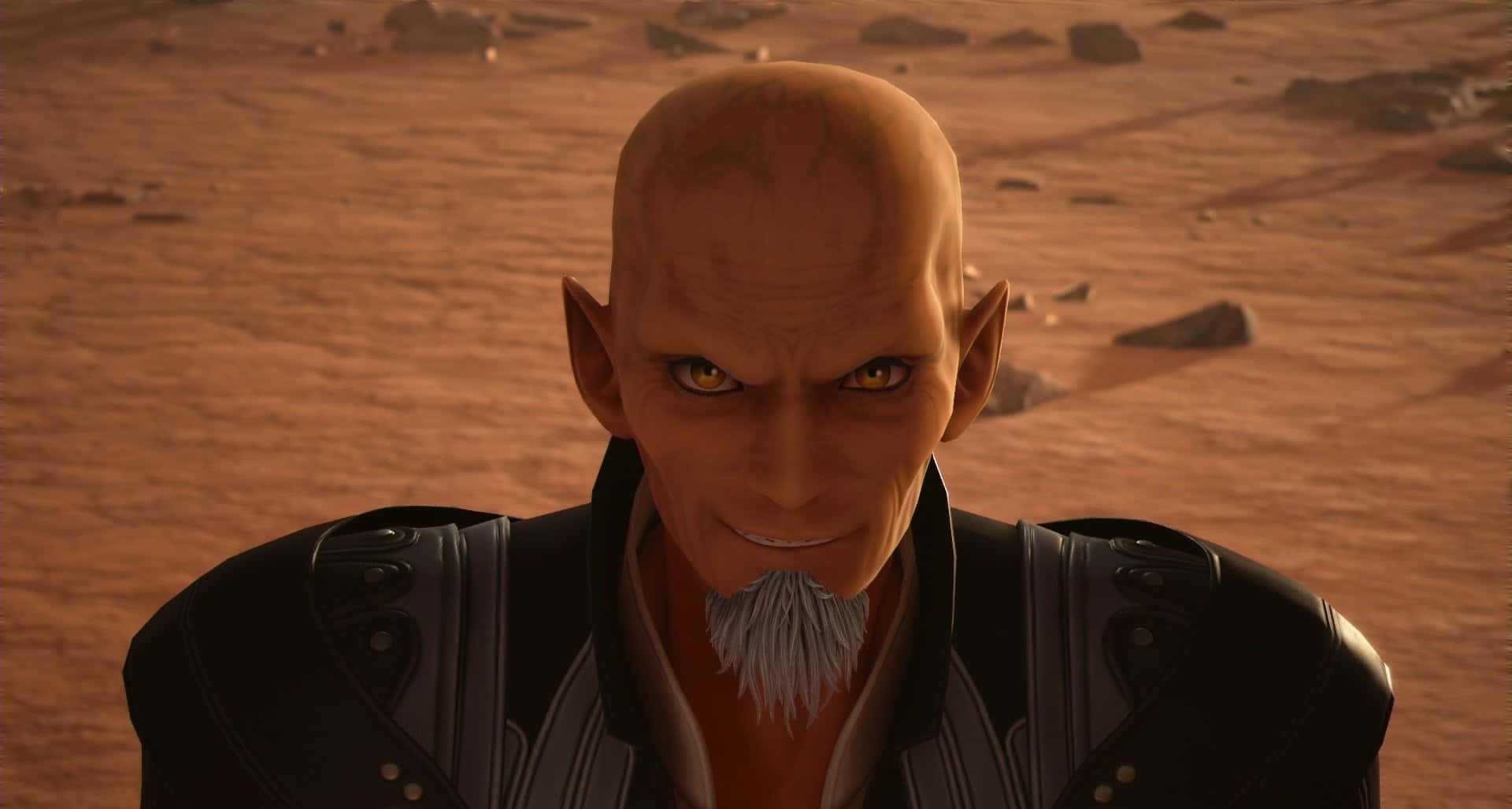 Kingdom Hearts Xehanort 桌布 壁紙 — 一個光頭的精靈般男人，黃色眼睛和白色山羊鬍鬚，在沙漠景觀中露出威脅的笑容。