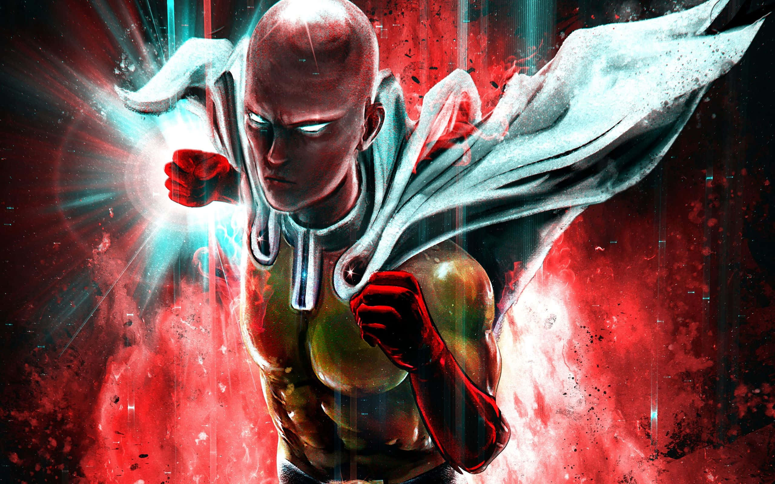 One Punch Man Season 2 桌布 壁紙 — 一個光頭的超級英雄，眼睛發光，披風飄逸，以動態姿勢站在火紅和電藍色的背景前。