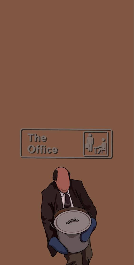 tv 桌布 壁紙 — 一個光頭穿西裝的男人，在寫著「The Office」的標誌下拿著一個大鍋，背景是純棕色。