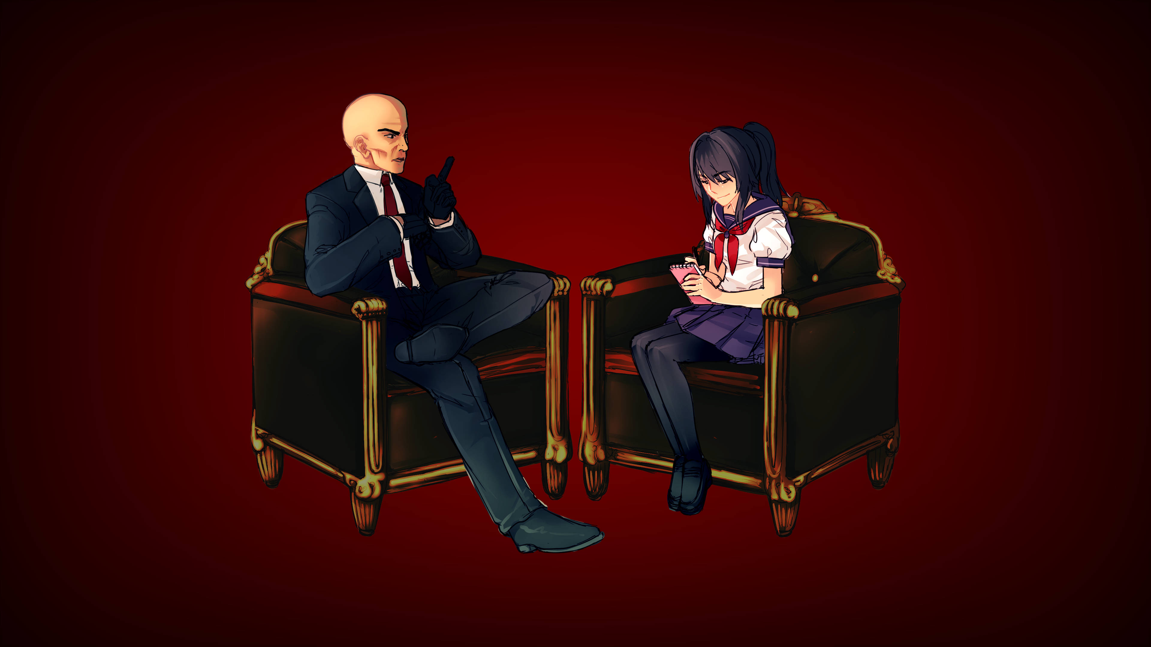 Yandere 桌布 壁紙 — 一個光頭穿西裝的男人和一個穿水手服的女生坐在華麗的椅子上，面對面，背景是深紅色。