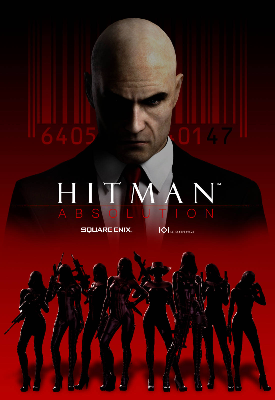 hitman absolution HD 桌布 壁紙 — 一個光頭穿西裝的男人在紅色條碼背景前凝視，下方有持槍女性的剪影。