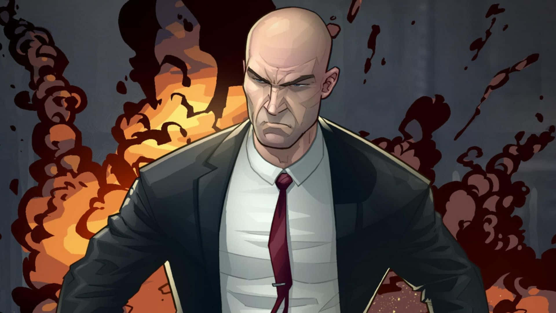 1920x1080 Hitman 2 桌布 壁紙 — 一個光頭穿西裝的男人挑釁地站著，身後是熾熱的爆炸和血濺。
