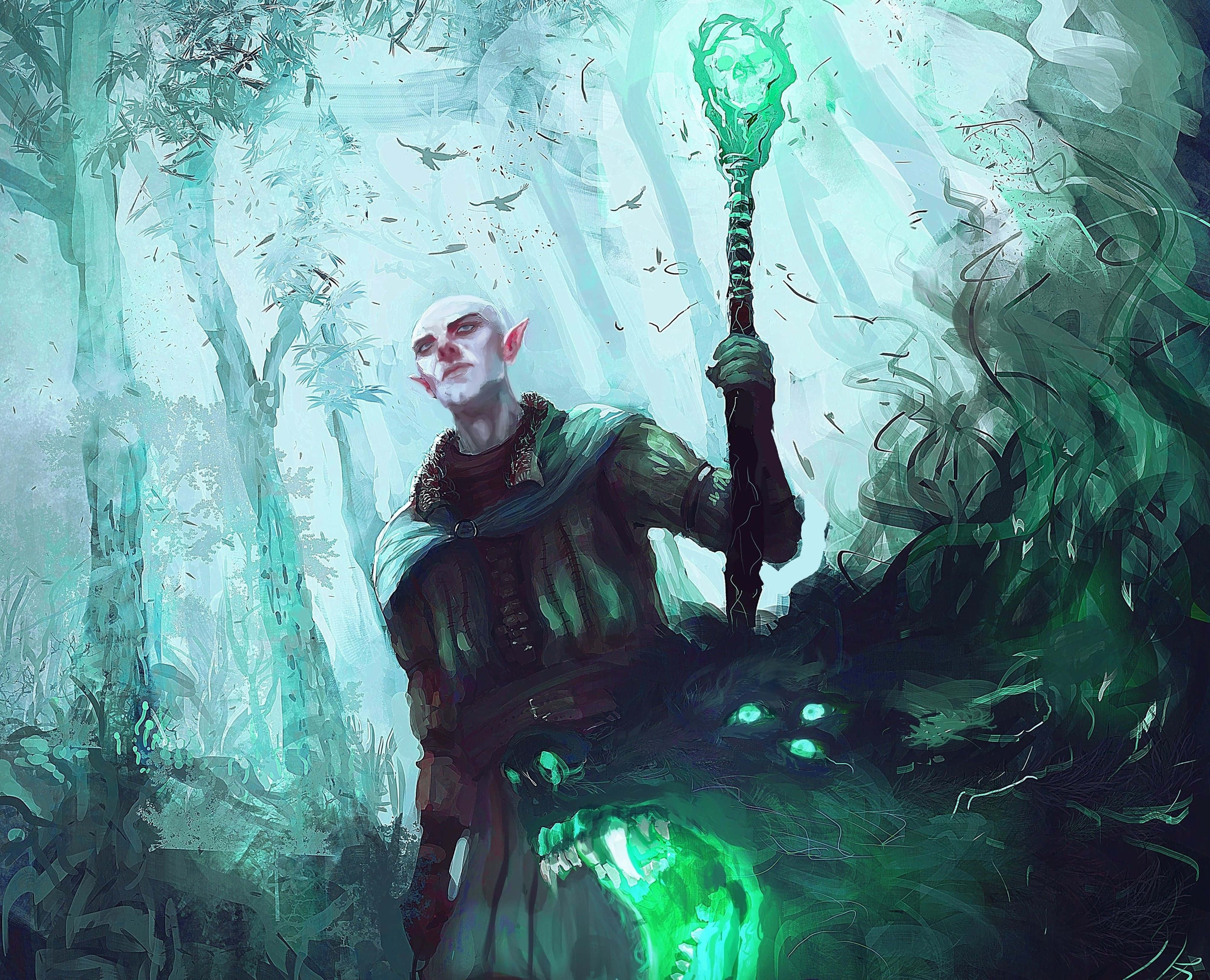 電玩遊戲 桌布 壁紙 — 一個光頭精靈巫師在迷霧森林中揮舞著發光的綠色法杖，下方有詭異發光的眼睛在注視。