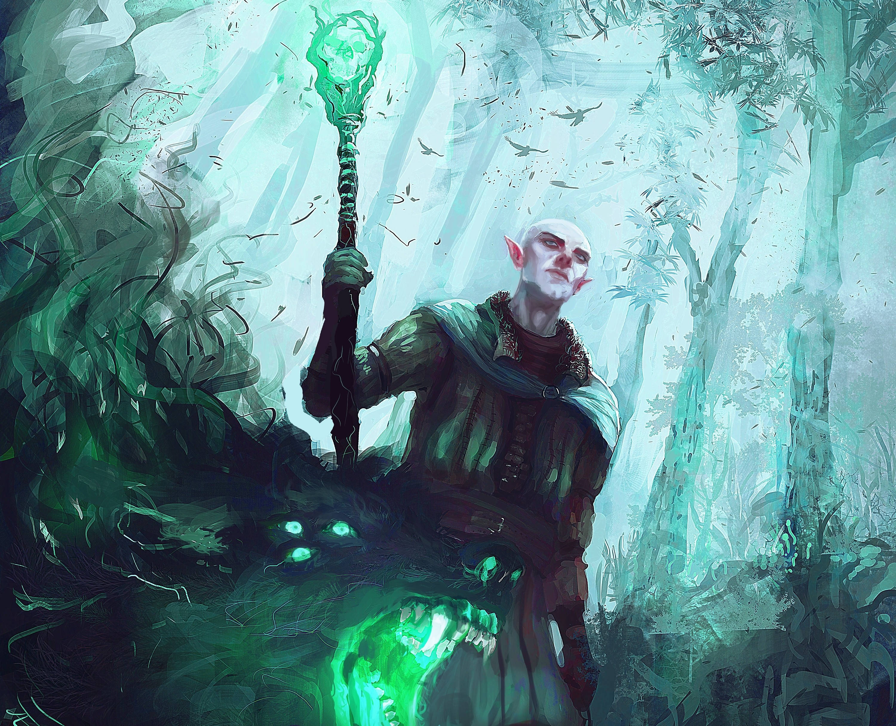 Dragon Age 桌布 壁紙 — 一個光頭精靈巫師在迷霧魔法森林中揮舞著發光的綠色法杖，下方有發光的眼睛在注視。