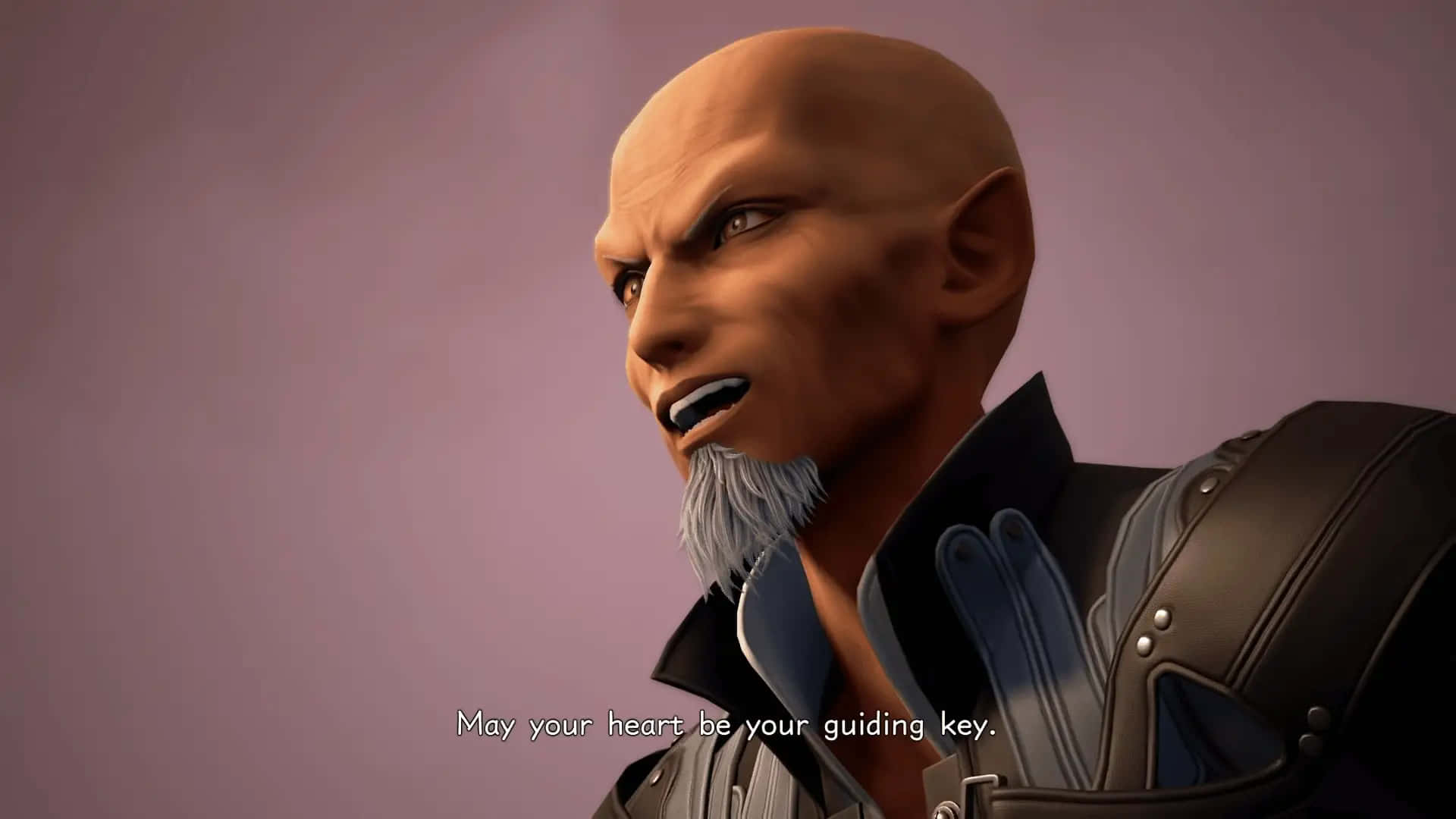 Kingdom Hearts Xehanort 桌布 壁紙 — 一個光頭精靈般的角色，留著灰色山羊鬍，眼神銳利，穿著暗色盔甲，背景是柔和的紫色。