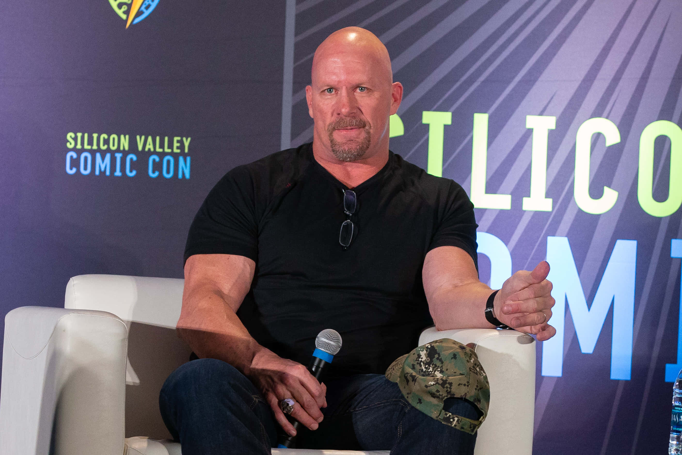 WWE 桌布 壁紙 — 一個光頭肌肉男留著山羊鬍，坐在白色椅子上，在動漫展座談會上拿著麥克風。