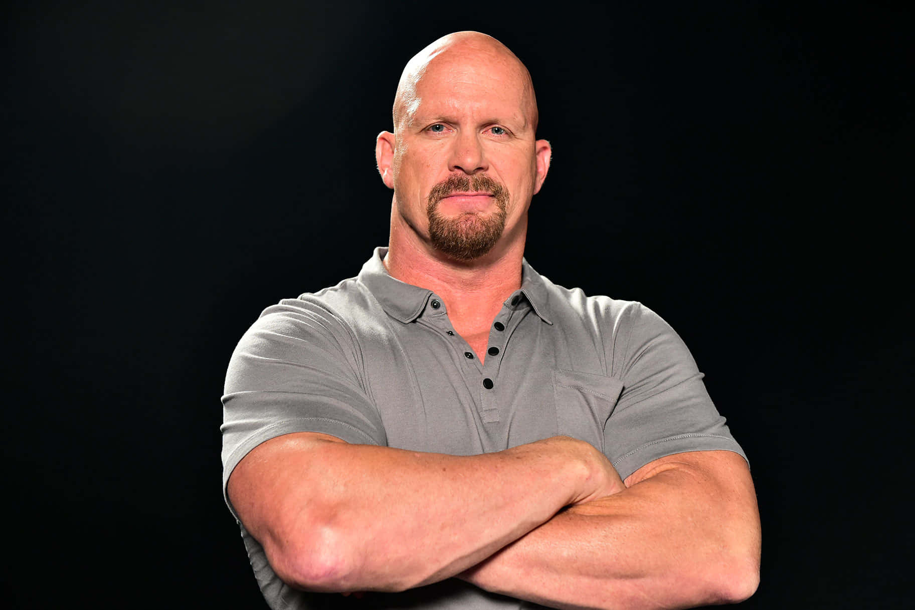 WWE 桌布 壁紙 — 一個光頭肌肉男留著山羊鬍，自信地交叉雙臂站在黑色背景前，穿著灰色Polo衫。