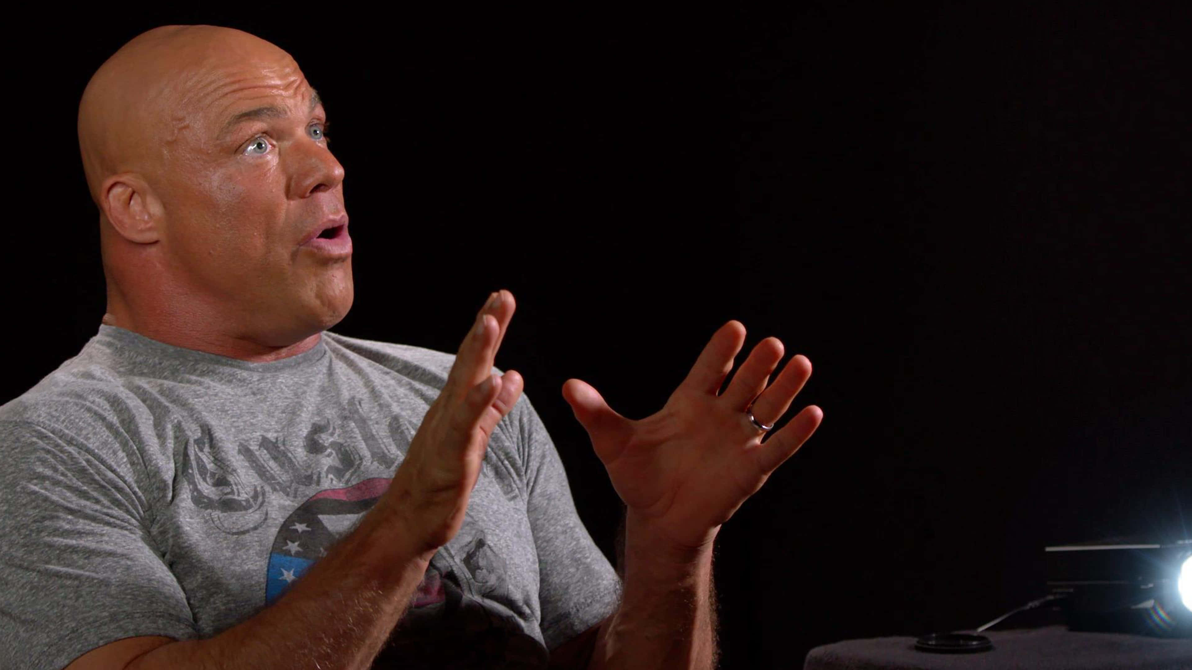 WWE 桌布 壁紙 — 一個光頭肌肉男穿著灰色T恤，在黑色背景前生動地做手勢，背景可見明亮光源。
