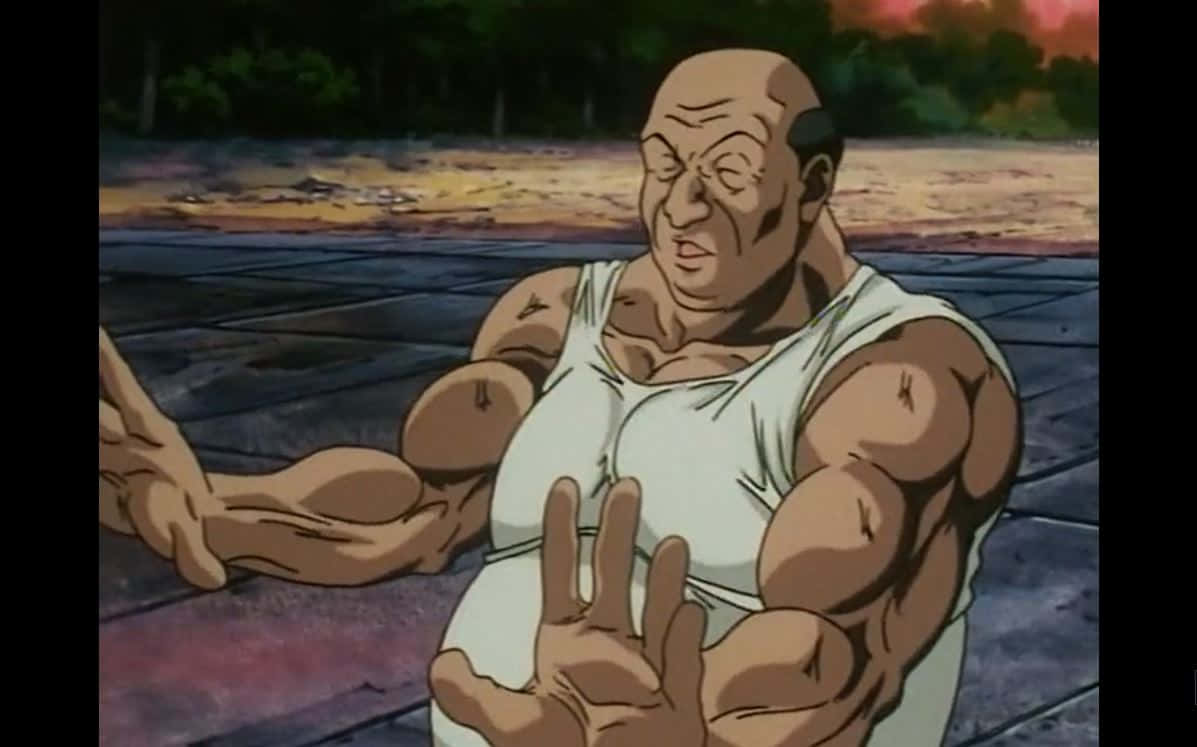 Hunter X Hunter Zebro 桌布 壁紙 — 一個光頭肌肉發達的動漫男人穿著白色背心，坐在木地板上，雙手伸展，背景是黃昏的戶外景色。