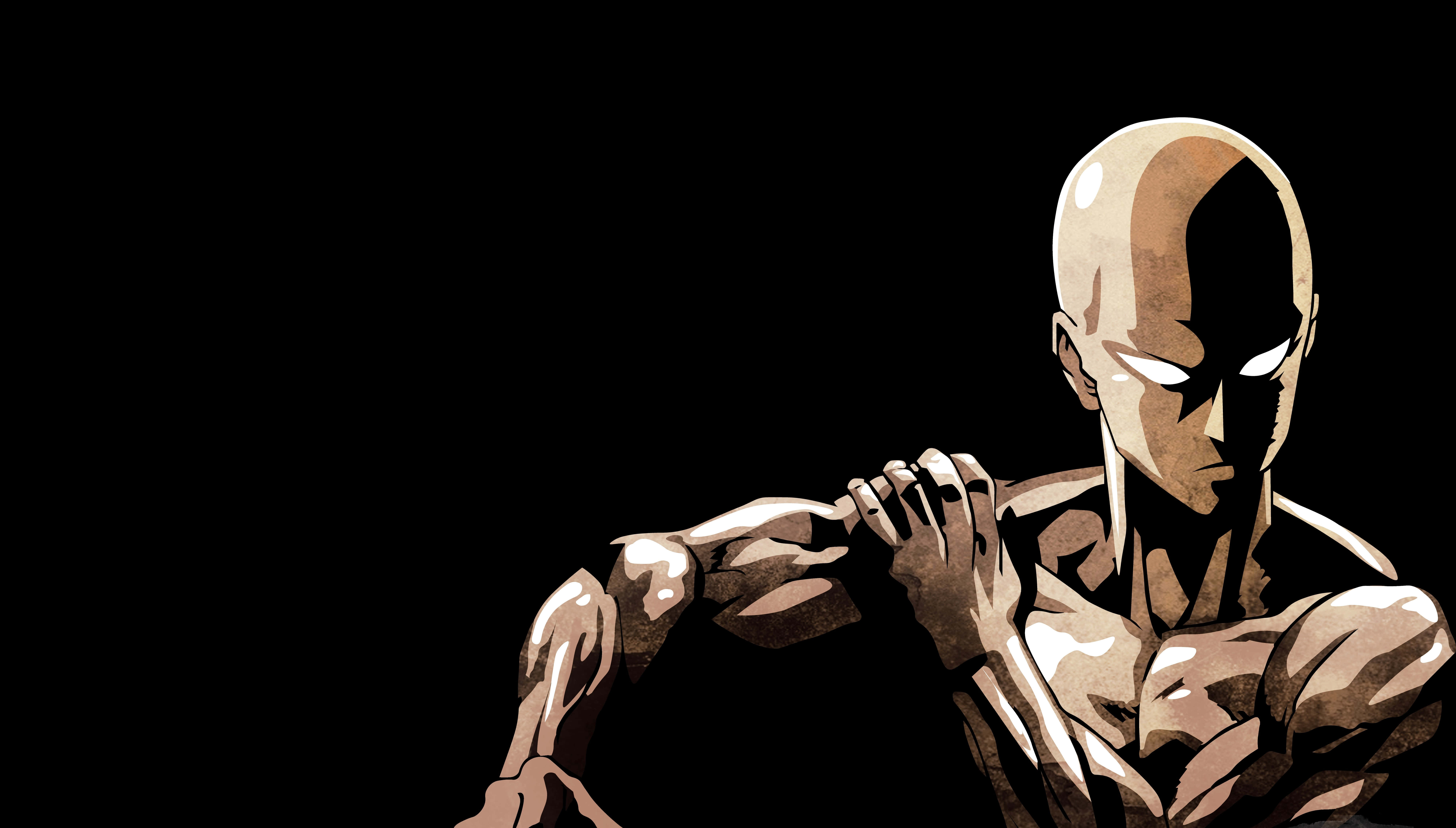 One Punch Man Season 2 桌布 壁紙 — 一個光頭肌肉發達的動漫英雄，擁有發光的白色眼睛，在黑色背景前擺出強有力的姿勢。