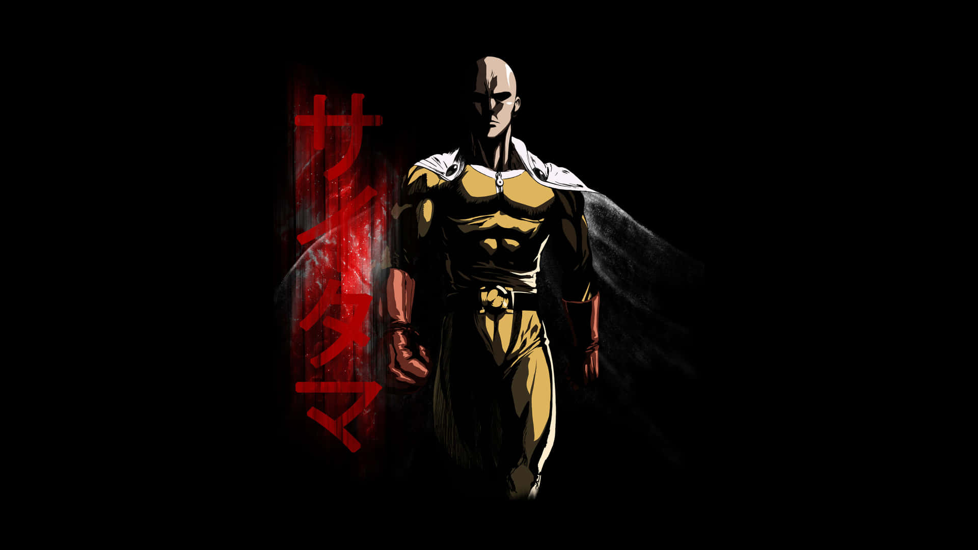 Powerful Hero in Yellow Suit Anime Portrait 壁紙 — 一個光頭肌肉發達的動漫英雄，身穿金色和黑色西裝，站在黑暗背景前，旁邊有發光的紅色日文字。