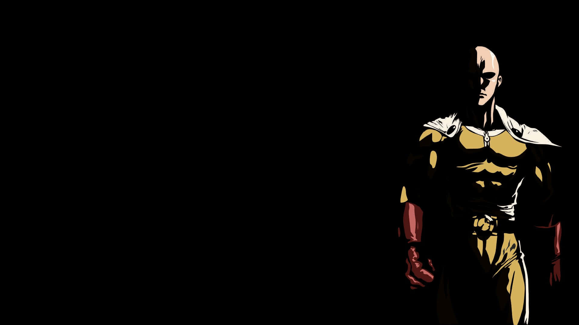 One Punch Man Season 2 桌布 壁紙 — 一個光頭肌肉發達的動漫英雄，身穿金色和紅色盔甲，在黑色背景上以戲劇性燈光呈現剪影。