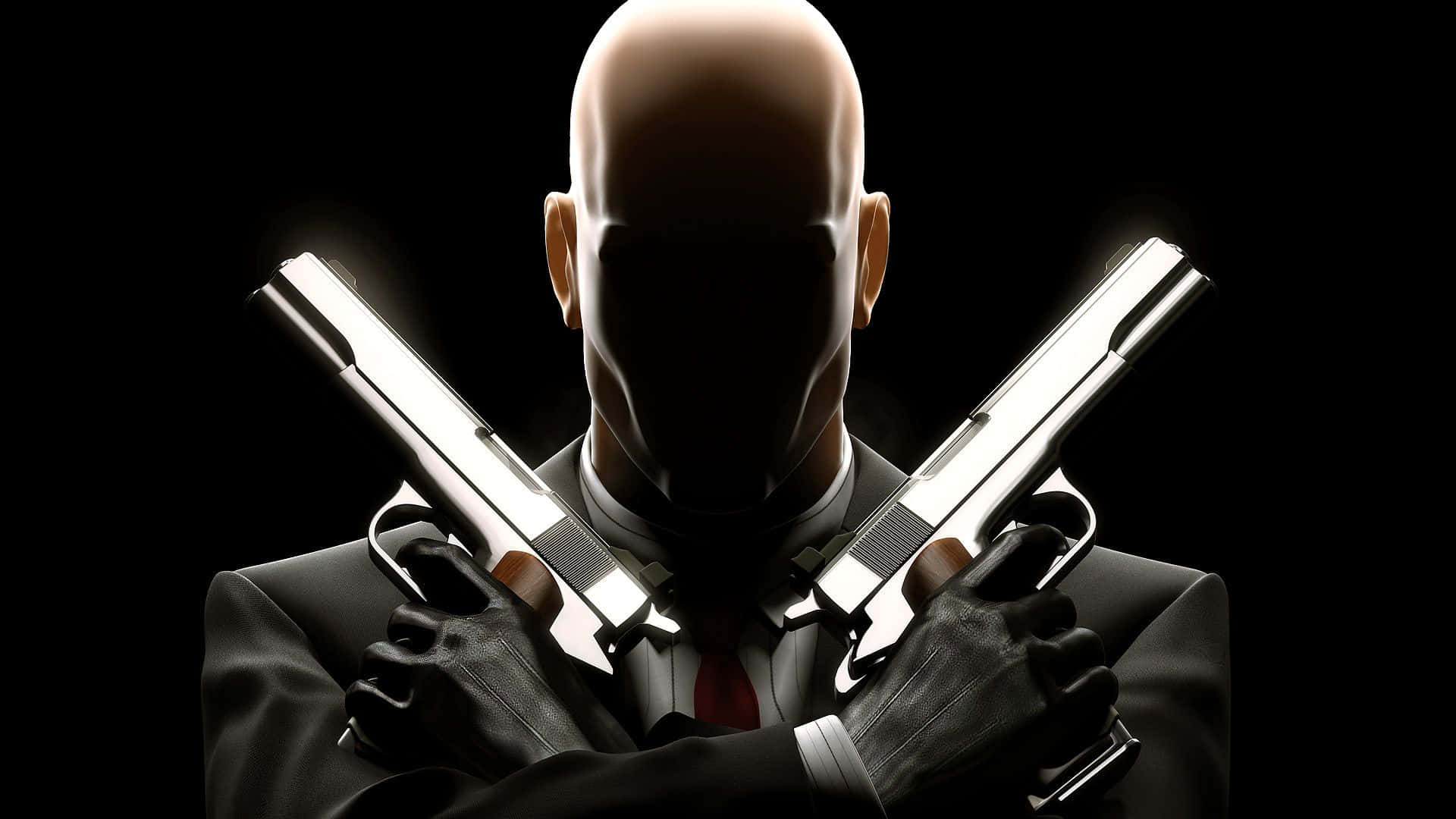 1920x1080 Hitman 2 桌布 壁紙 — 一個光頭蒙面刺客穿著黑色西裝，在深色背景前交叉握著兩把銀色手槍。