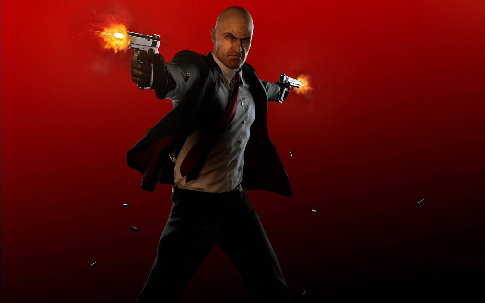 Hitman Agent 47 桌布 壁紙 — 一個光頭西裝男在火紅背景下開兩把手槍，子彈飛舞。