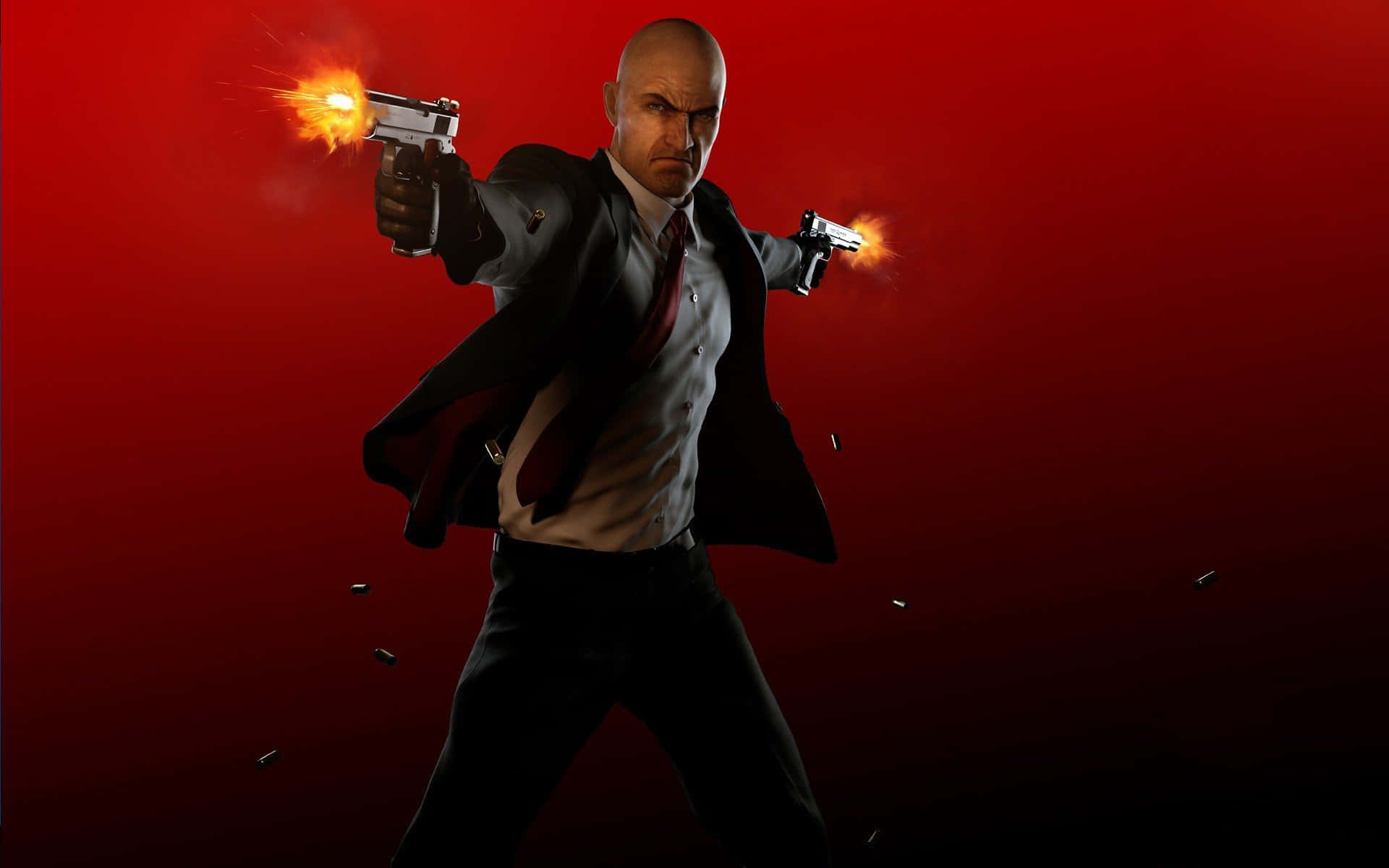 1080p Hitman Absolution 桌布 壁紙 — 一個光頭西裝男對著紅色漸層背景開兩把手槍，槍口有火光。