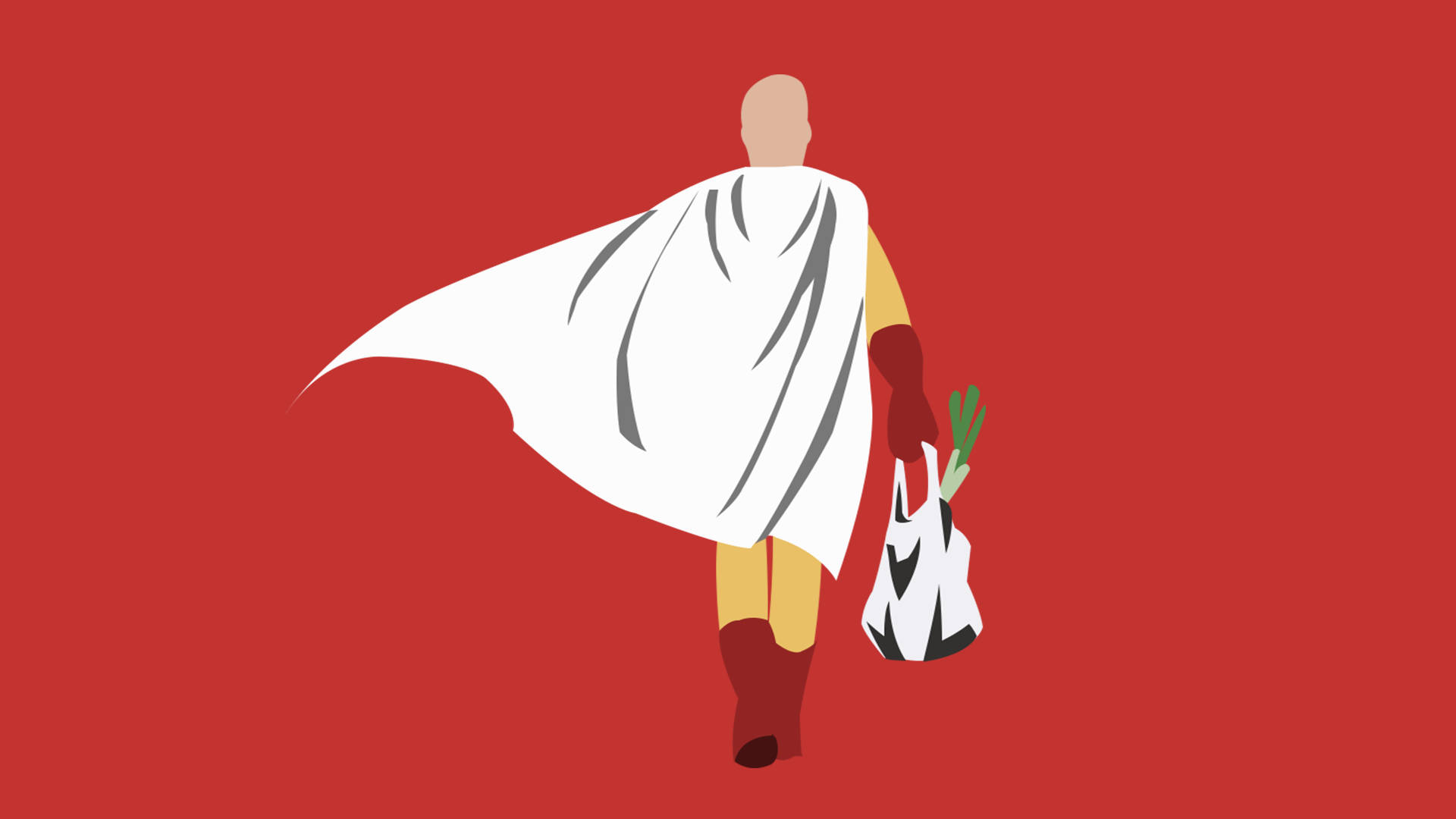 Saitama 桌布 壁紙 — 一個光頭超級英雄穿著白色斗篷，拿著一袋雜貨走開，背景是純紅色。