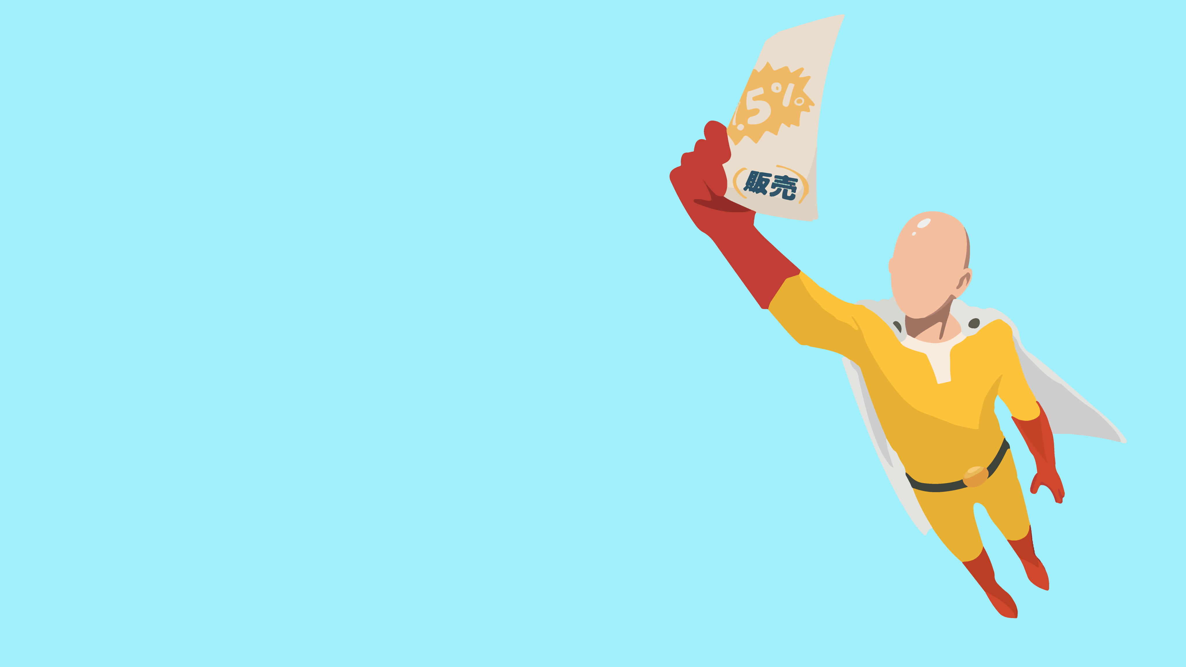 One Punch Man Minimalist 桌布 壁紙 — 一個光頭超級英雄穿著黃色和紅色套裝，在淺藍色背景前飛翔，同時舉起一個5%折扣標誌。