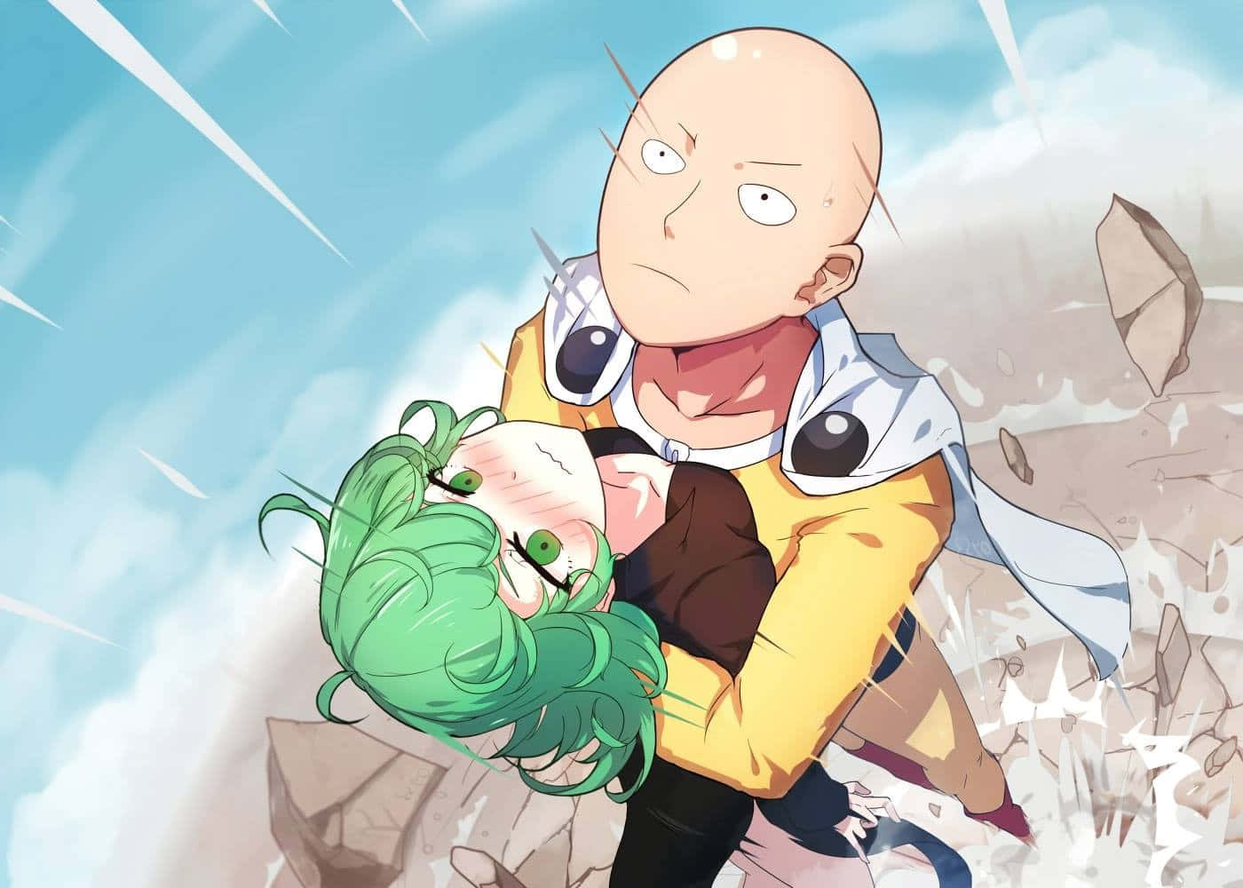 Tatsumaki 桌布 壁紙 — 一個光頭超級英雄穿著黃色套裝，在明亮的天空下，抱著一個綠髮女孩穿過破碎的岩石景觀。