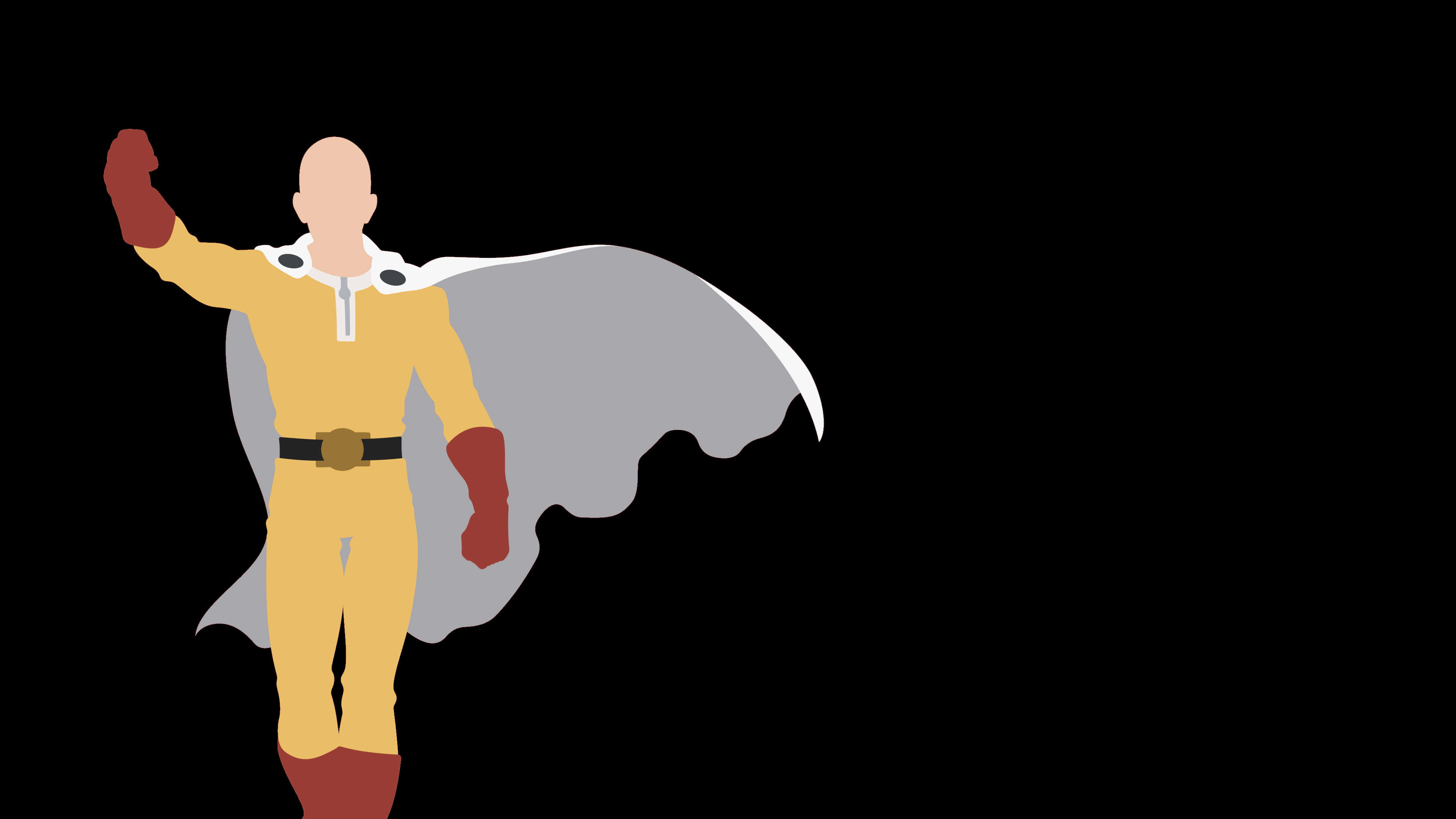 One Punch Man Minimalist 桌布 壁紙 — 一個光頭超級英雄穿著黃色套裝和灰色披風，在黑色背景前舉起拳頭。