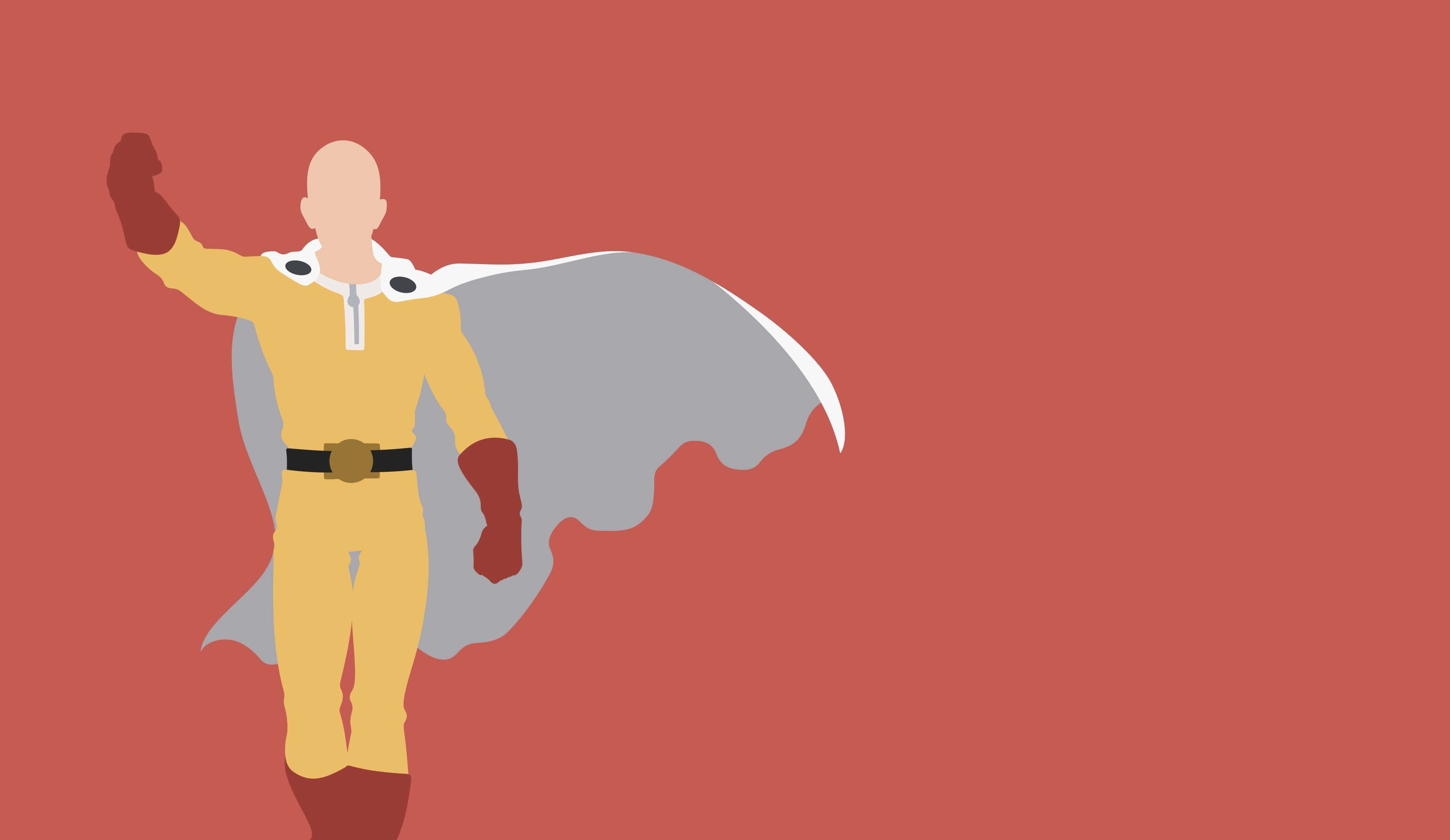 One Punch Man Minimalist 桌布 壁紙 — 一個光頭超級英雄穿著黃色套裝和灰色披風，在純紅色背景上舉起拳頭。