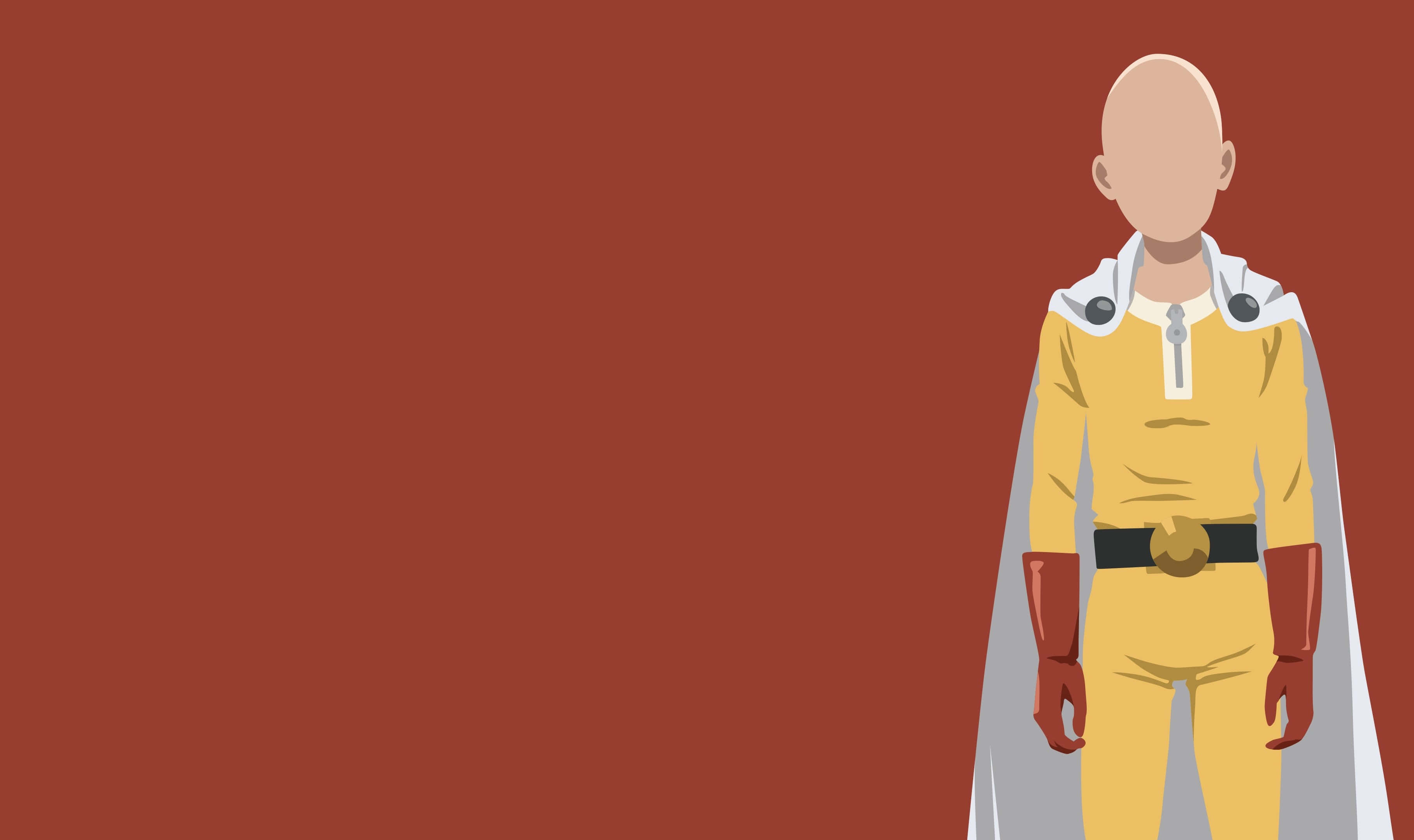One Punch Man Minimalist 桌布 壁紙 — 一個光頭超級英雄穿著黃色套裝和白色斗篷，站在純鏽色背景前。