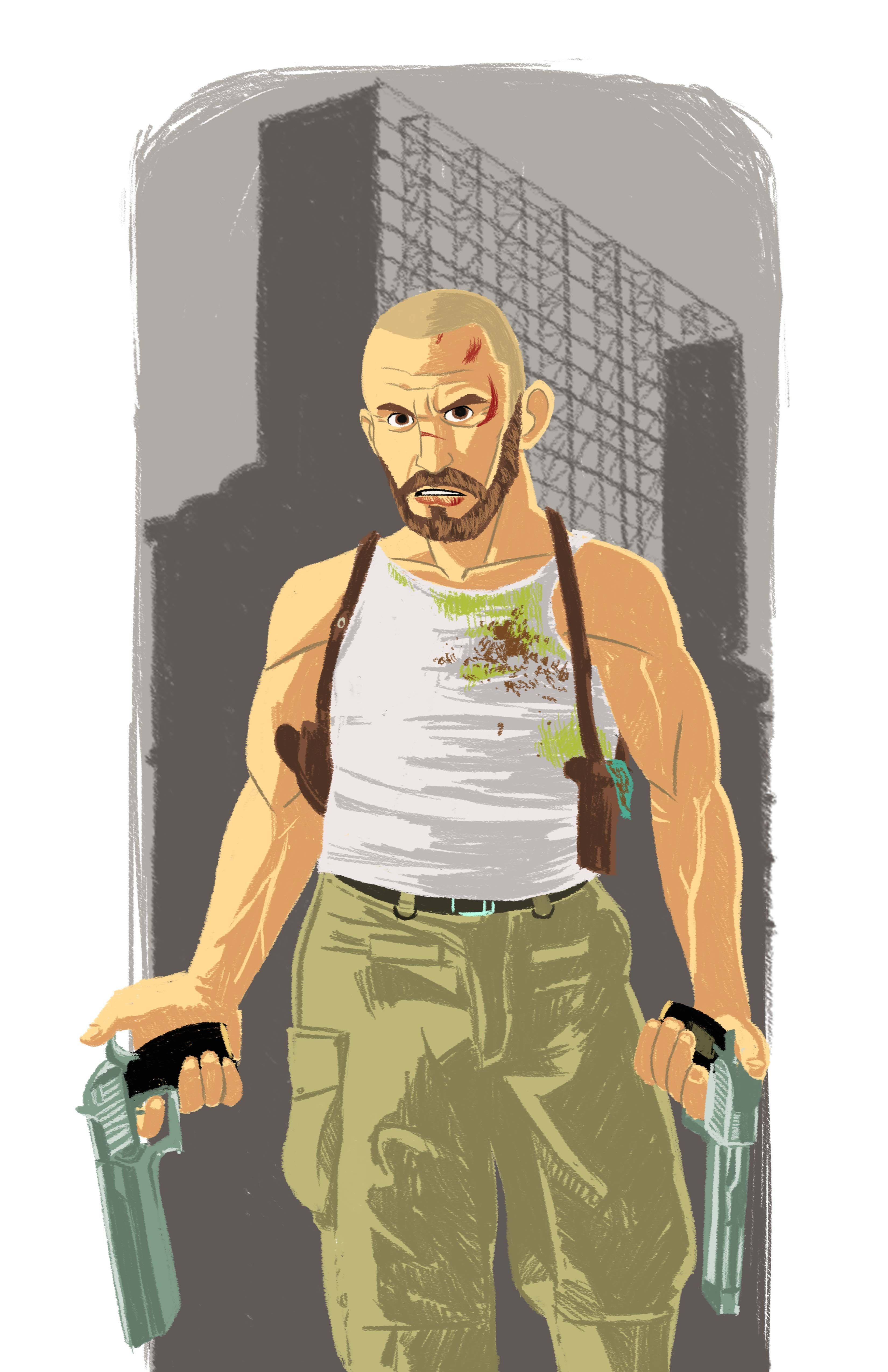 Max Payne 桌布 壁紙 — 一個光頭鬍鬚男，眼睛流血，在 gritty 城市小巷插圖中手持兩把手槍。