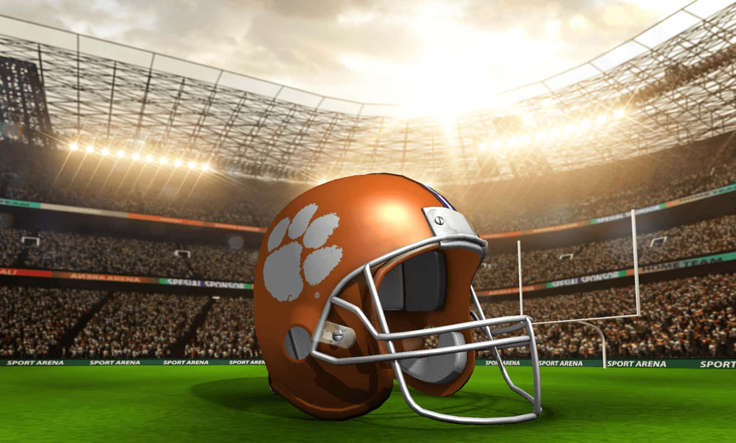 Clemson 桌布 壁紙 — 一個克萊姆森老虎隊的美式足球頭盔放在充滿活力的綠色球場上，明亮的體育場燈光下，背景是擠滿的人群。
