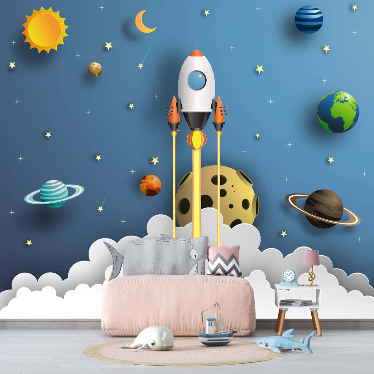 3d Space 桌布 壁紙 — 一個兒童房，配有太空主題壁紙，上面有行星、星星和從雲層升起的火箭。