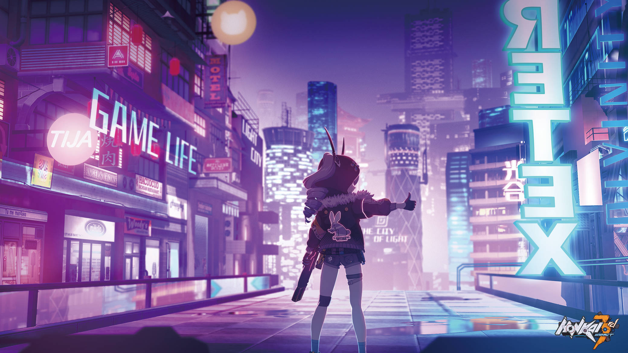 Honkai 桌布 壁紙 — 一個兔耳動漫女孩站在夜晚霓虹燈閃爍的街道上，周圍是高聳的建築物和充滿活力的數位招牌。