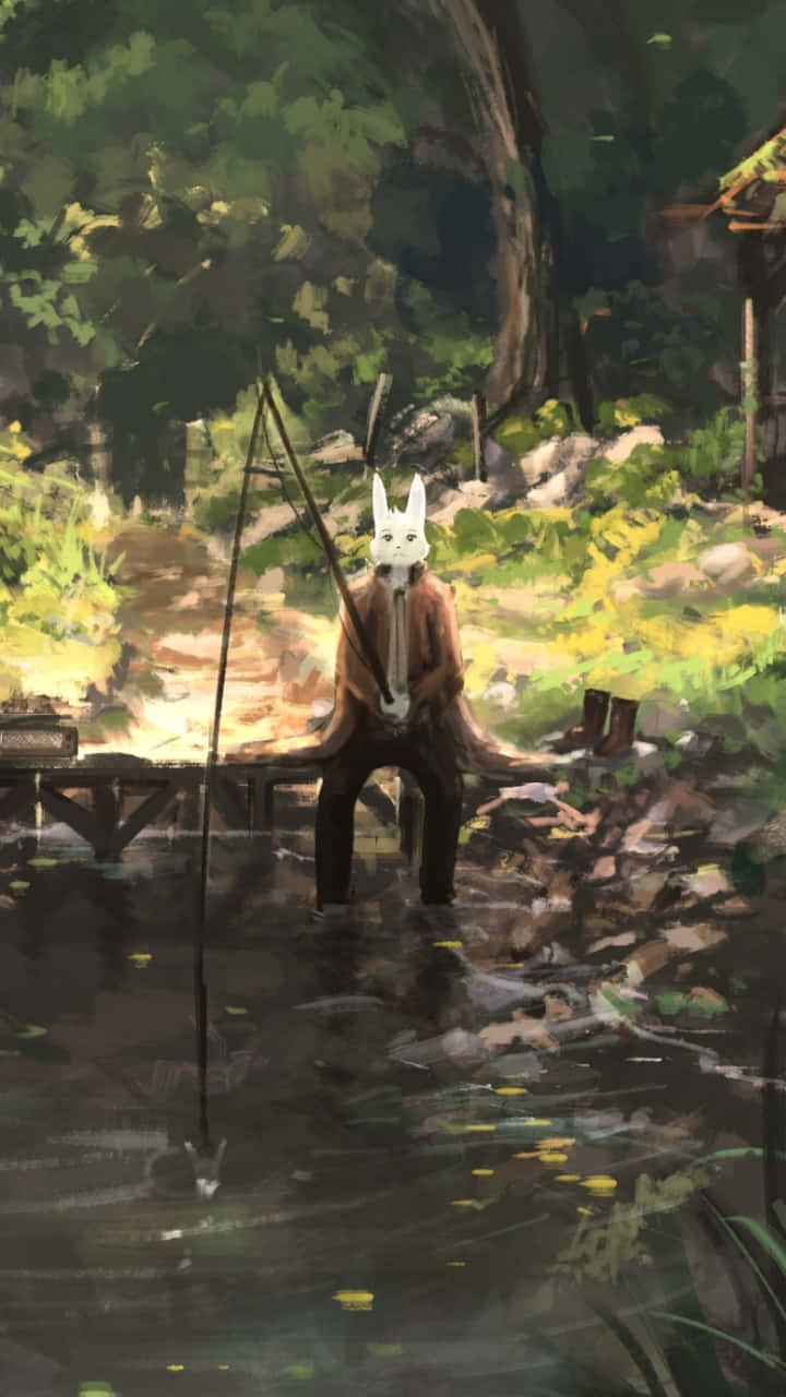 一個戴面具的兔人形在森林溪流的木碼頭上釣魚。 — 釣魚 GIF 壁紙