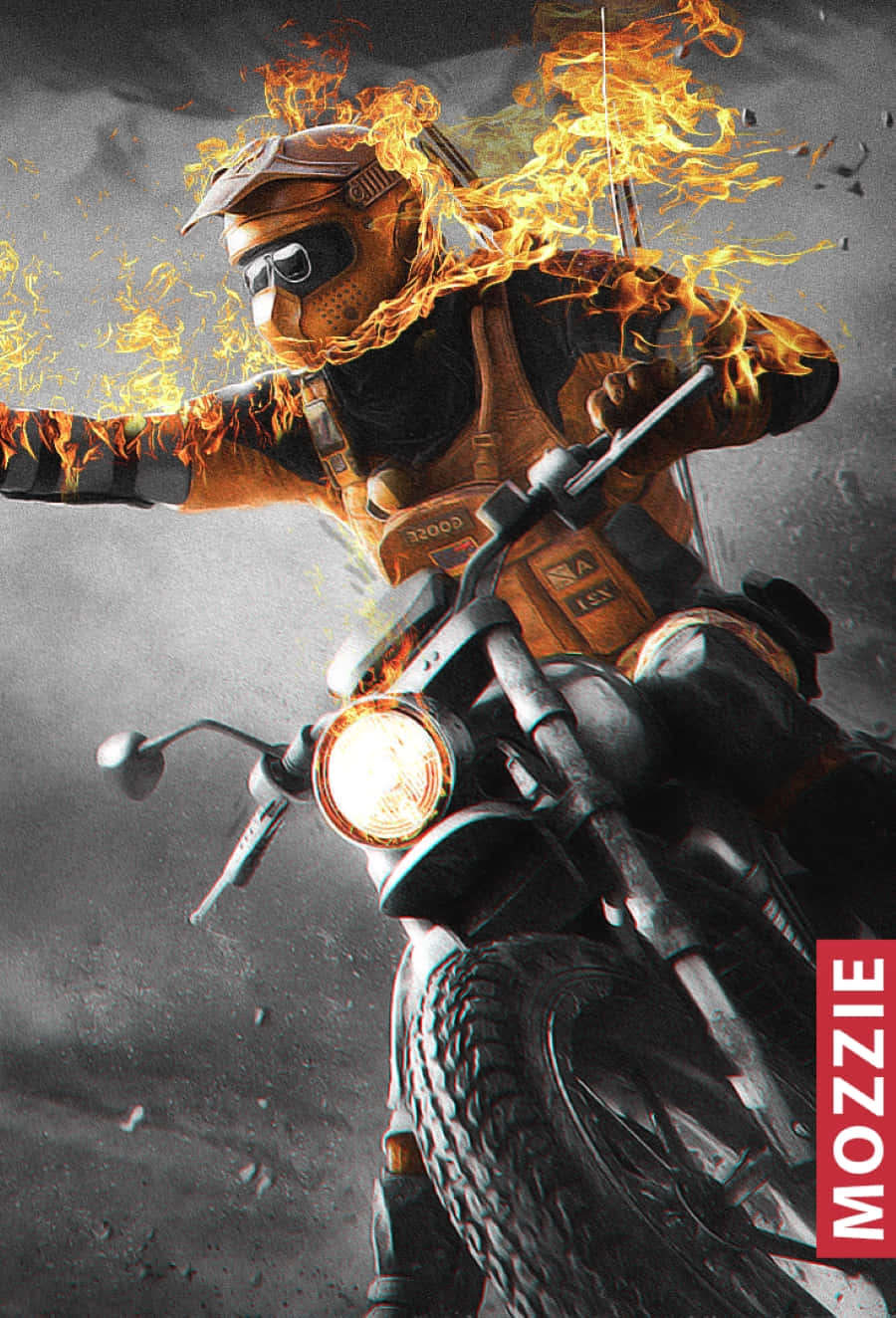 Rainbow Six Siege Mozzie 桌布 壁紙 — 一個全身裝備的火焰機車騎士，在暴風雨的天空中騎著機車，頭盔和手臂噴出火焰。