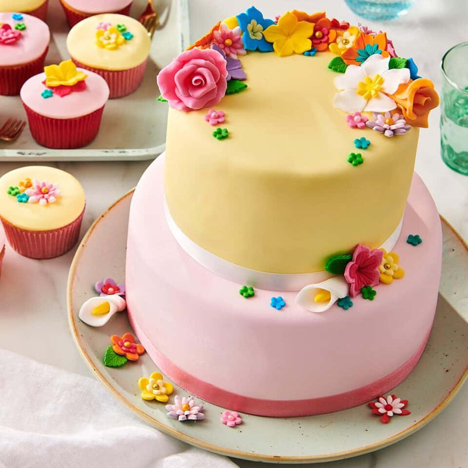 Cake Fondant 桌布 壁紙 — 一個兩層蛋糕，有粉紅色和黃色翻糖，飾以色彩繽紛的糖花，並配以相配的杯子蛋糕。