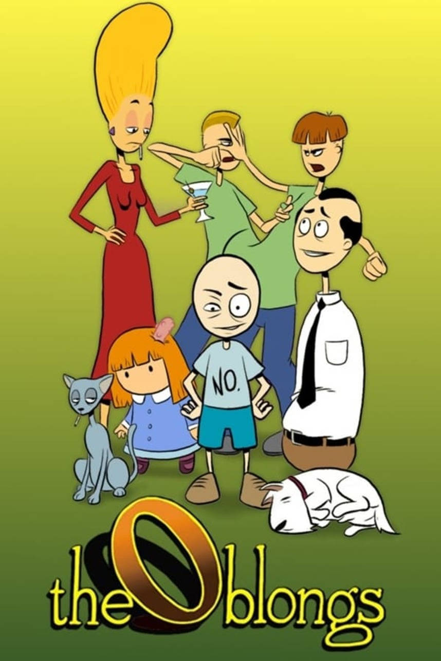 Animated 桌布 壁紙 — 一個六人卡通家庭，帶著一隻貓和一隻狗，在黃綠漸層背景前擺姿勢，標題為 The Oblongs。