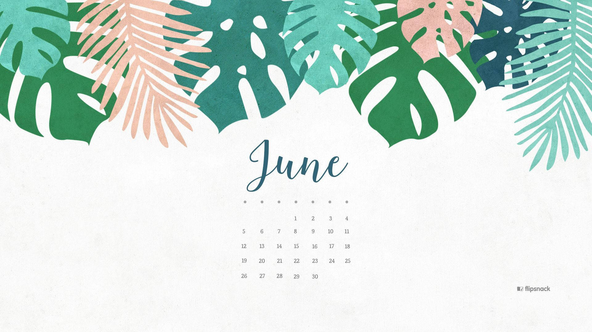 June 桌布 壁紙 — 一個六月日曆，以充滿活力的熱帶葉片在綠色和珊瑚色調中框住，背景為有紋理的米白色。
