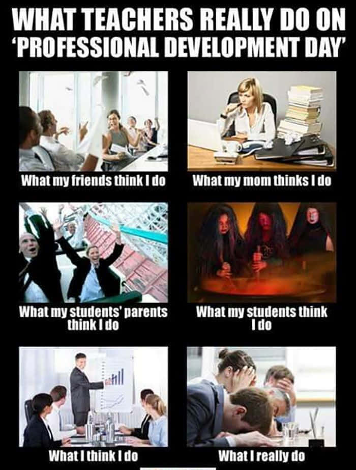 Educational Memes 桌布 壁紙 — 一個六格迷因幽默地對比了教師專業發展日的看法與現實。