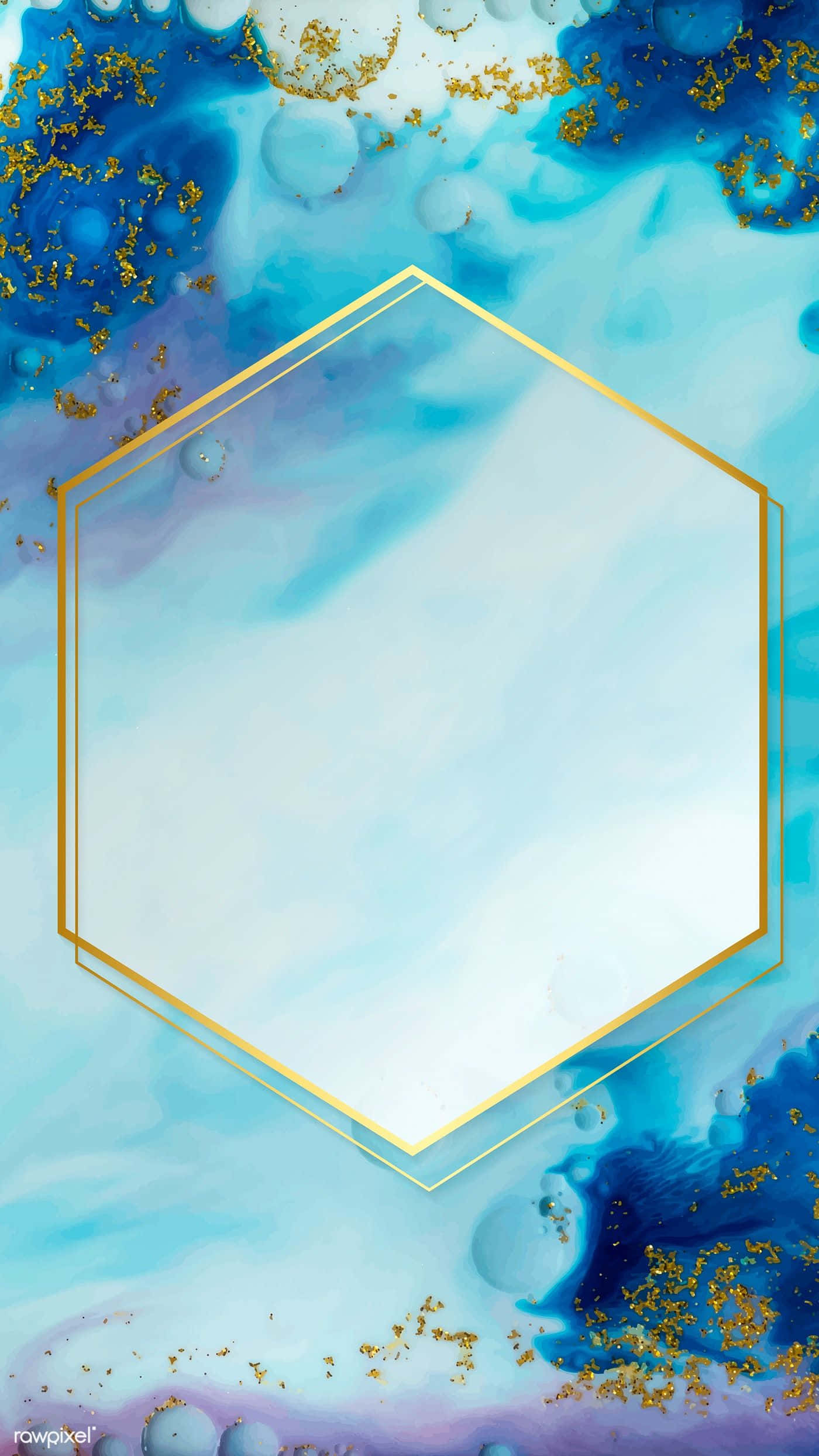 Royal Blue And Gold 桌布 壁紙 — 一個六邊形金色框架漂浮在旋轉的藍色、紫色和白色抽象背景上，帶有金色亮片和氣泡。