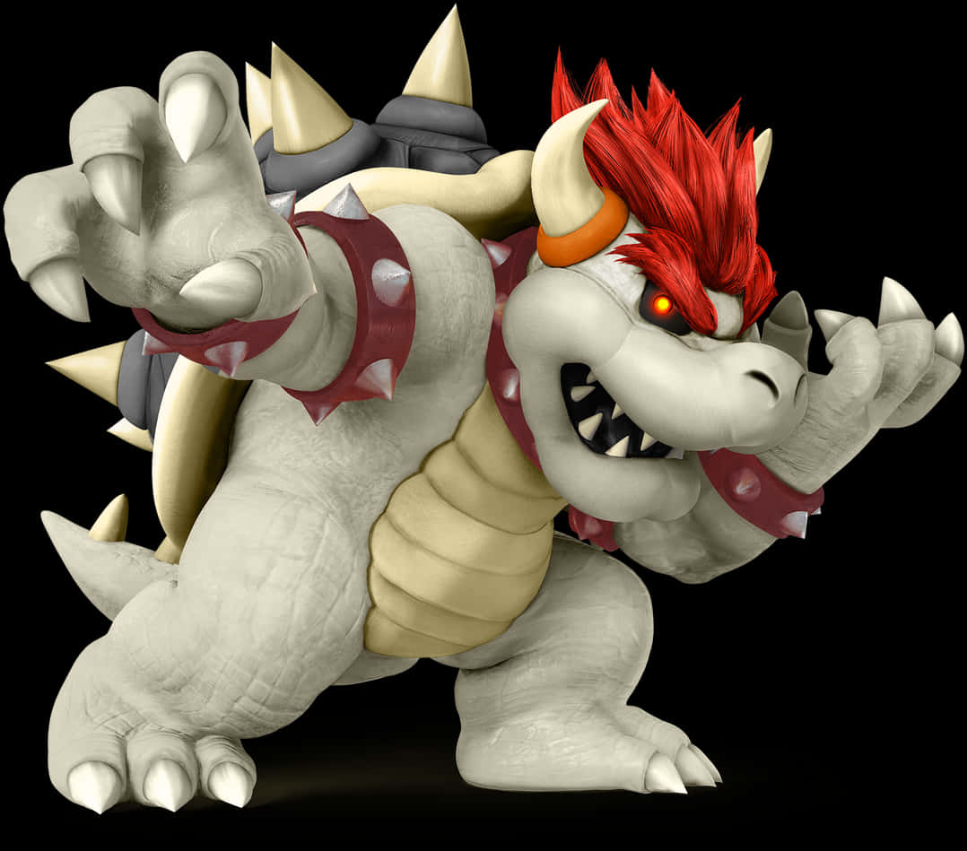 bowser 桌布 壁紙 — 一個具威脅性的3D渲染庫巴，擁有紅色尖刺頭髮和發光的橙色眼睛，在黑色背景前向前猛撲。
