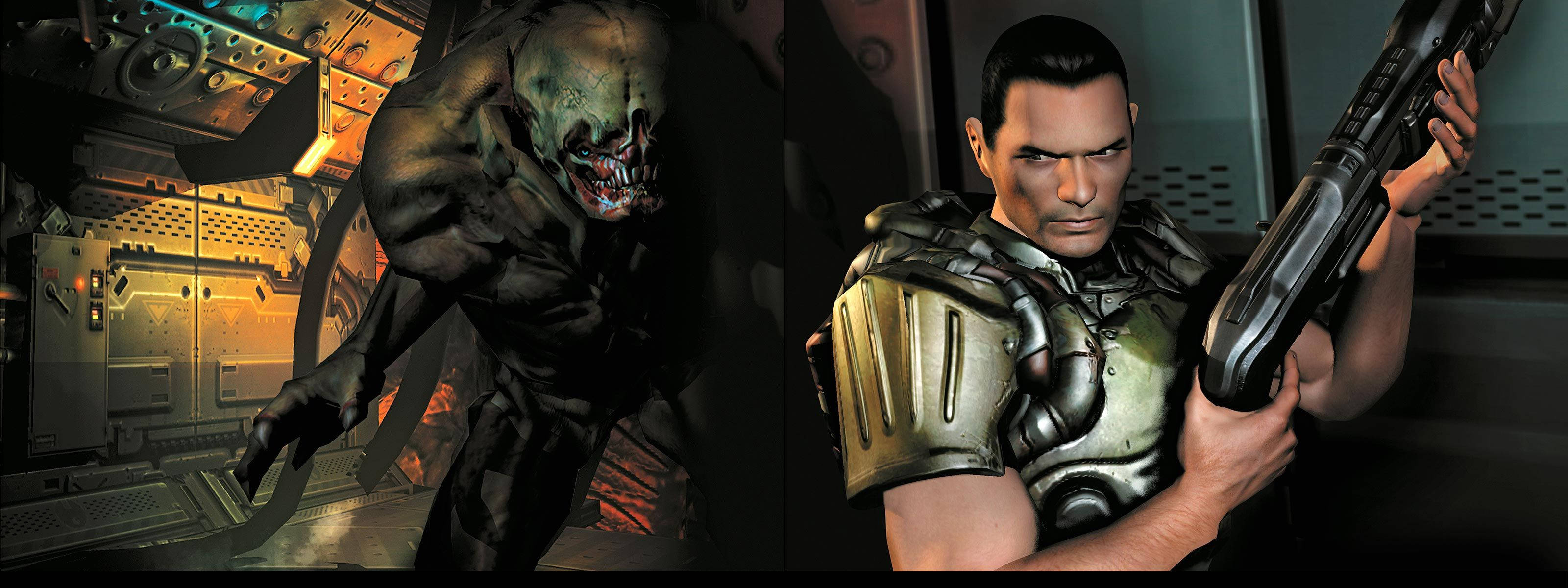 Doom 4K 桌布 壁紙 — 一個具威脅性的外星生物從燈光昏暗的太空船走廊撲出，而一名身穿盔甲的士兵正用重型武器瞄準牠。