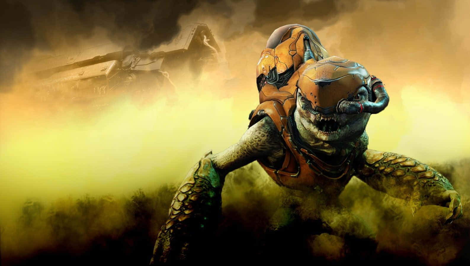 Halo Covenant 桌布 壁紙 — 一個具威脅性的裝甲外星生物穿過煙霧瀰漫的戰場向前猛撲，一艘戰艦在迷霧中隱現。