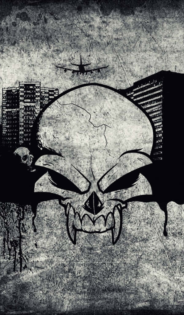 Evil Skull 桌布 壁紙 — 一個具威脅性的頭骨主宰著粗糙的城市天際線，上方有一架飛機飛過，底部有一個較小的頭骨。