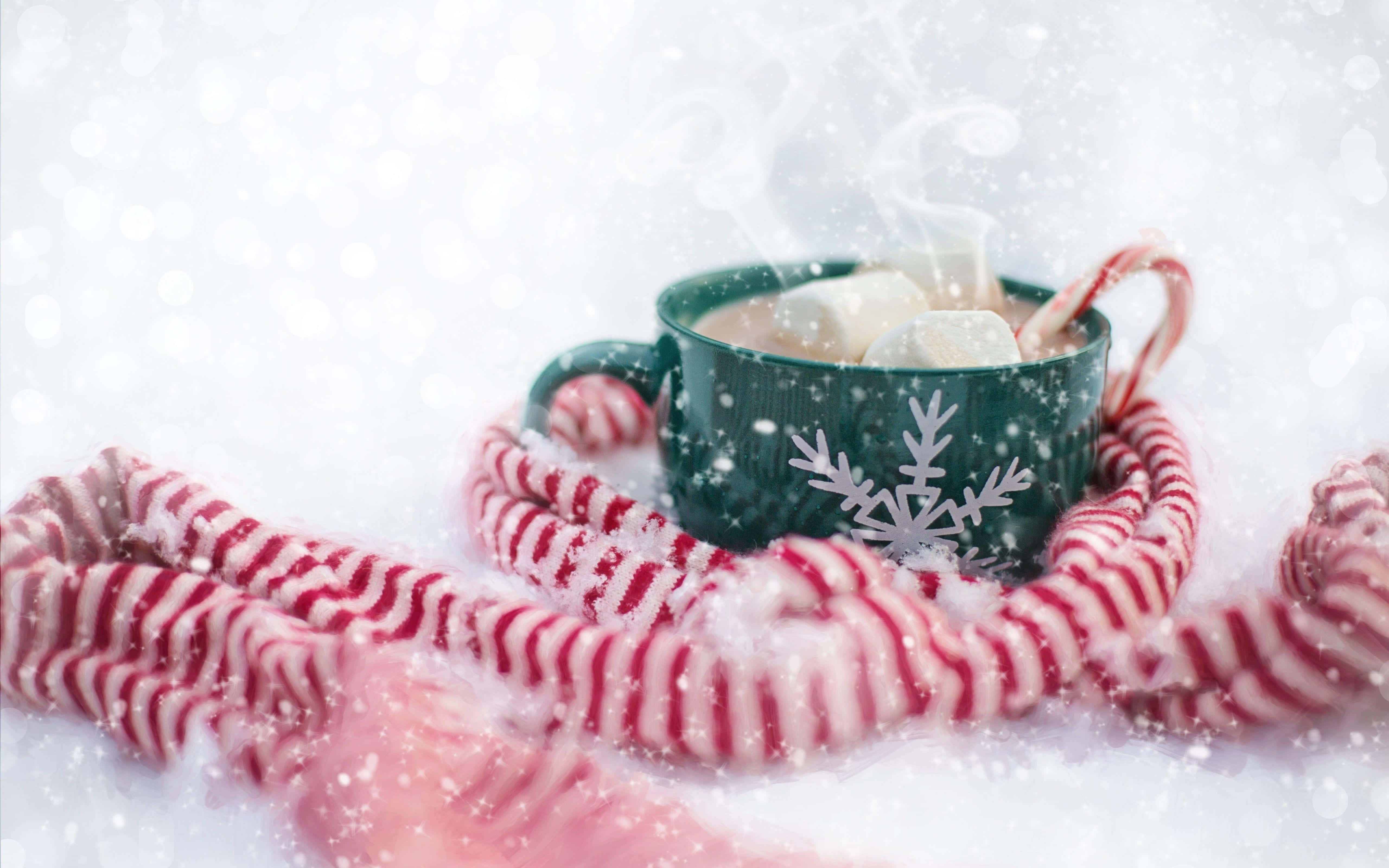 鄉村聖誕 桌布 壁紙 — 一個冒著熱氣的綠色雪花圖案馬克杯，裡面有棉花糖，被紅白條紋圍巾包裹著，置身於飄雪之中。