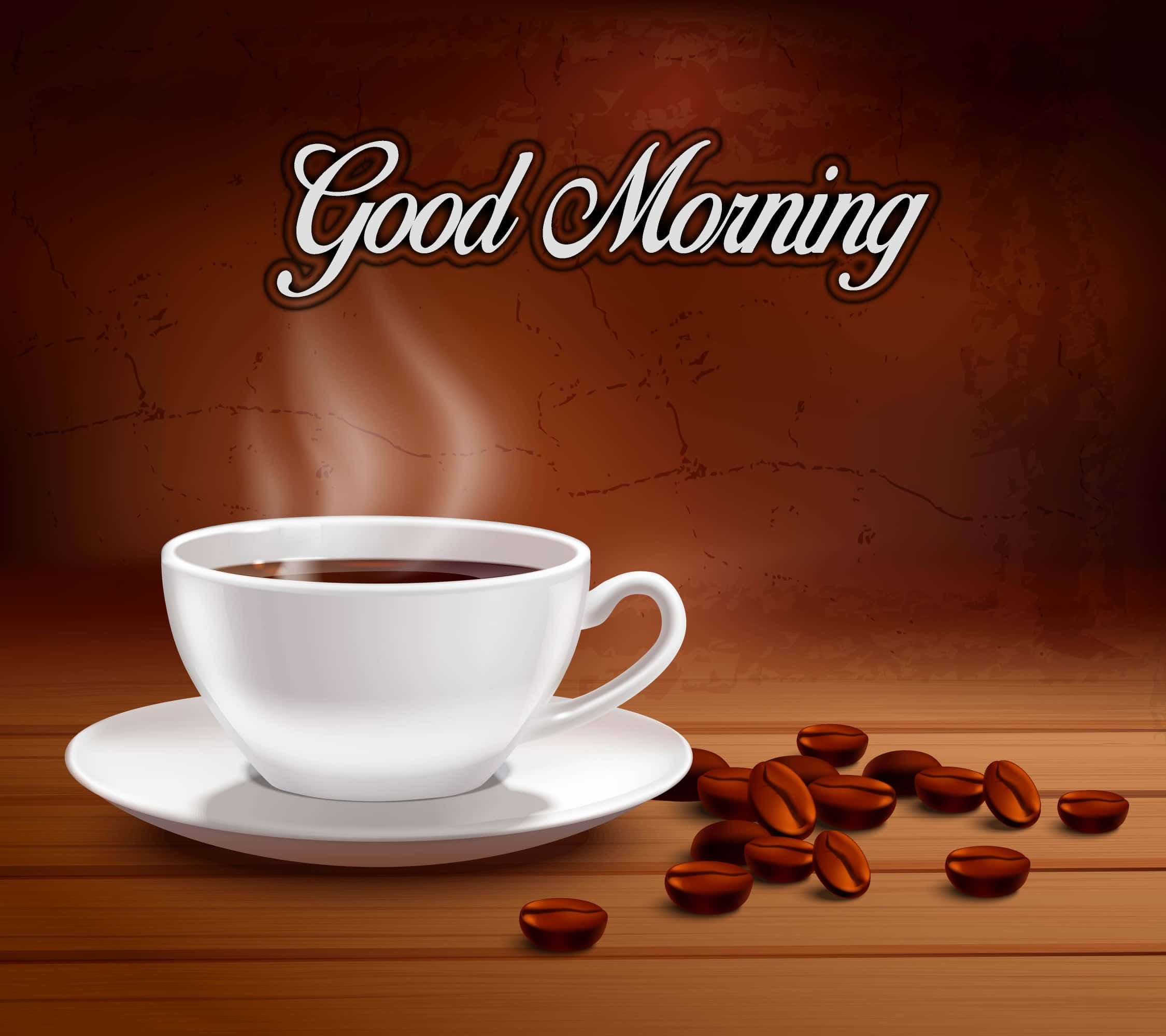 Morning Coffee 桌布 壁紙 — 一個冒著蒸氣的白咖啡杯放在木桌上，旁邊散落著咖啡豆，上方寫著「Good Morning」。