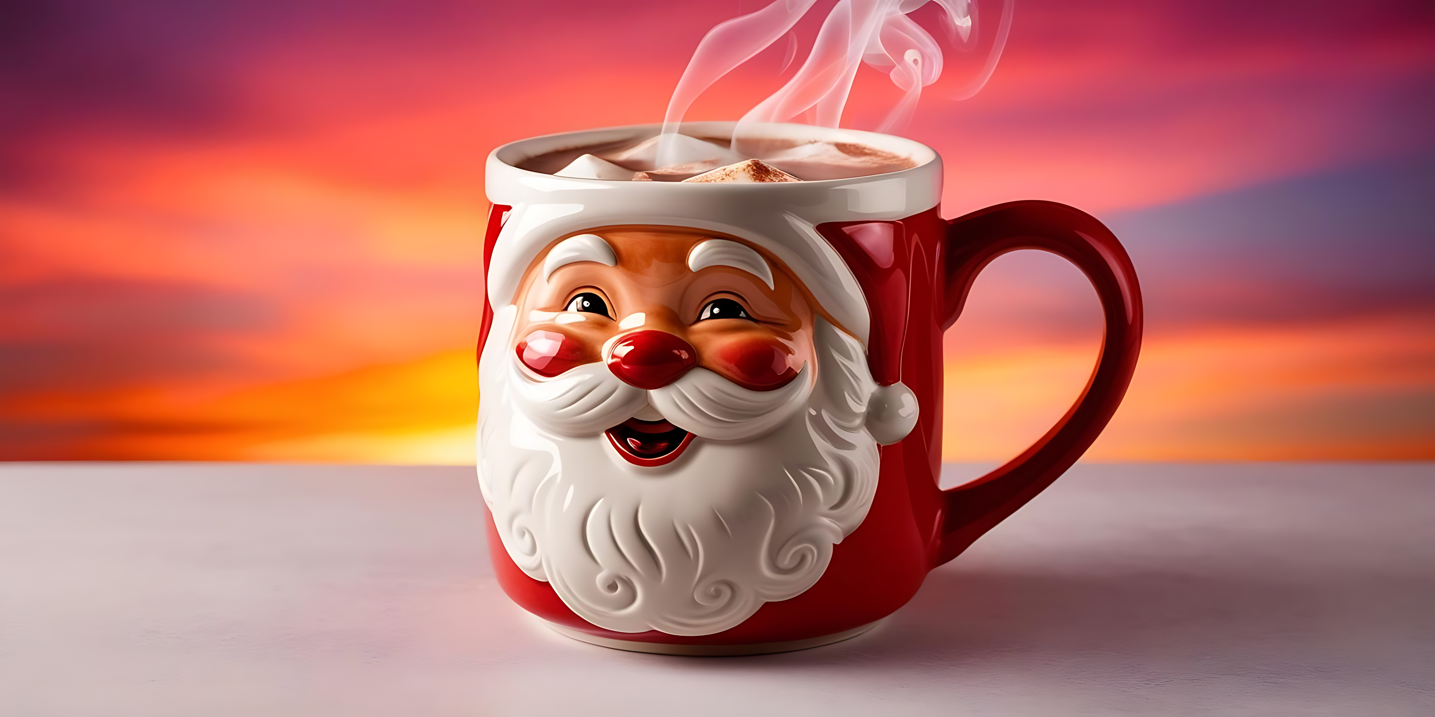 mug 桌布 壁紙 — 一個冒著蒸氣的紅色聖誕老人杯，帶著愉快的表情，放在白色表面上，背景是充滿活力的日落天空。