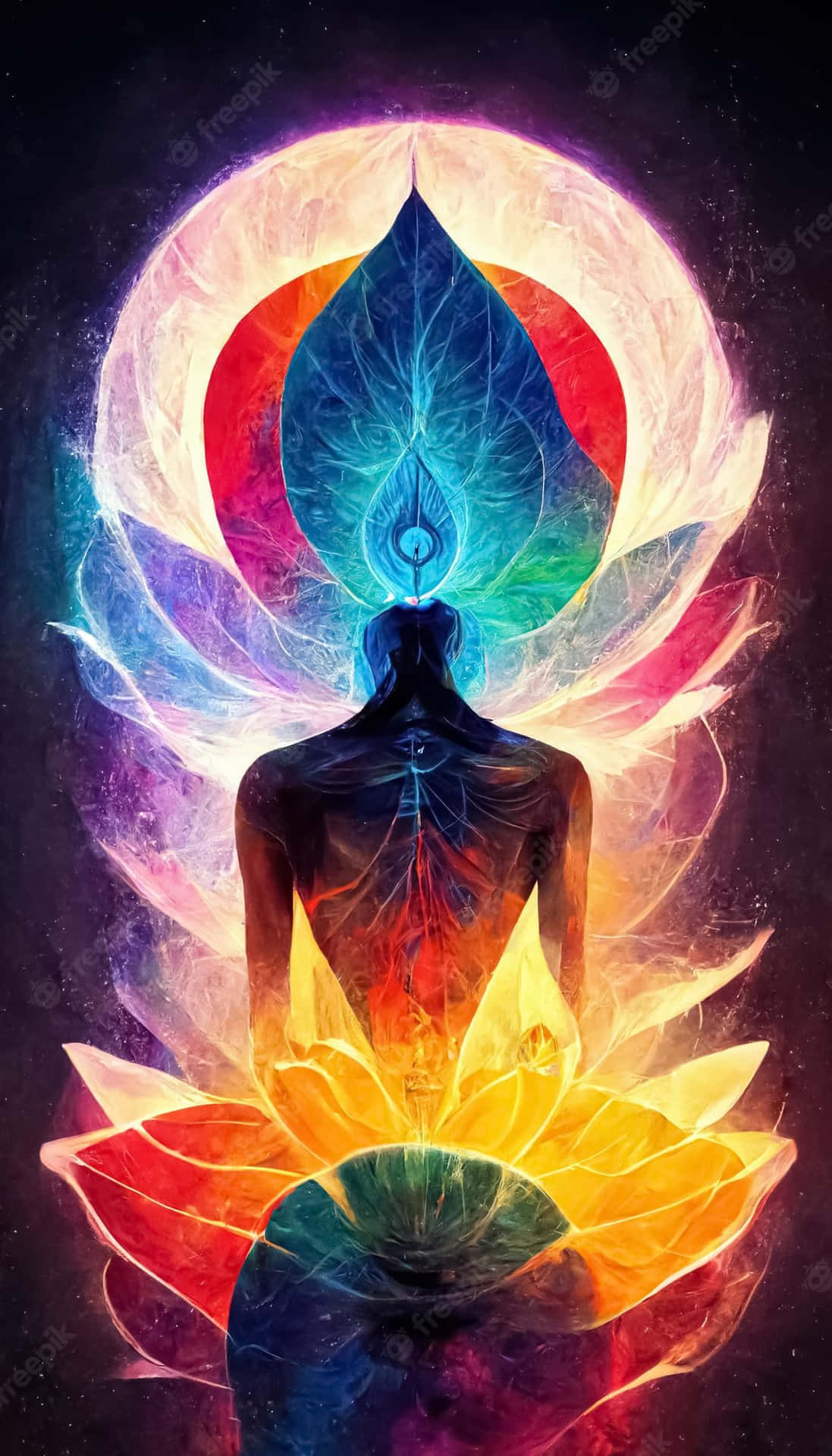 Spirituality 桌布 壁紙 — 一個冥想人物的剪影，帶有發光的蓮花和輻射脈輪光環，背景是宇宙星空。