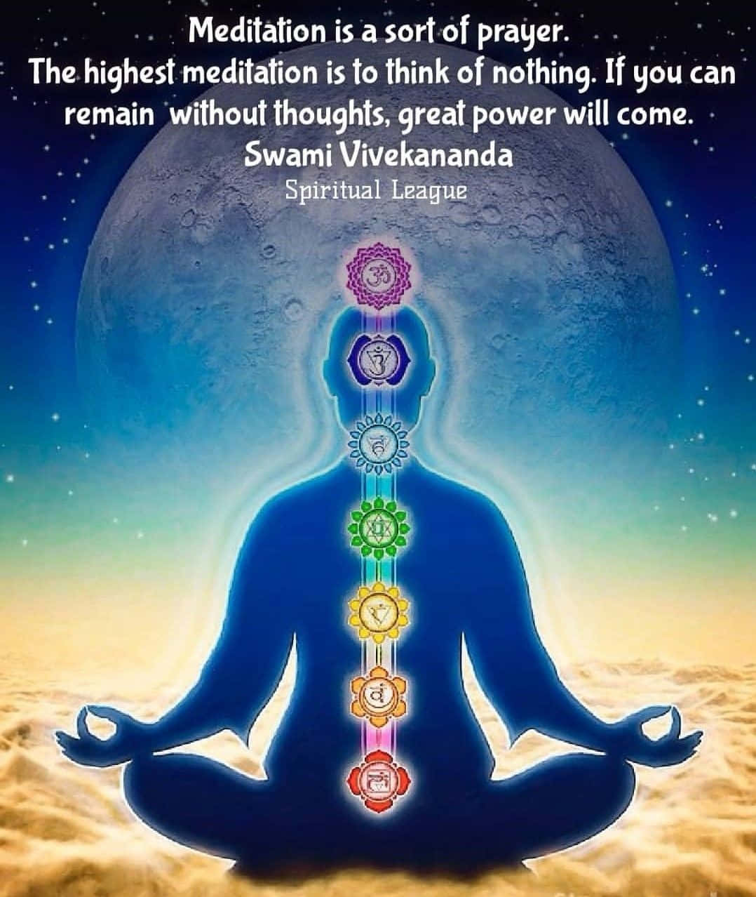 Spiritual Meditation 桌布 壁紙 — 一個冥想剪影，帶有發光的脈輪，背景是宇宙月亮和星空，並附有勵志名言。